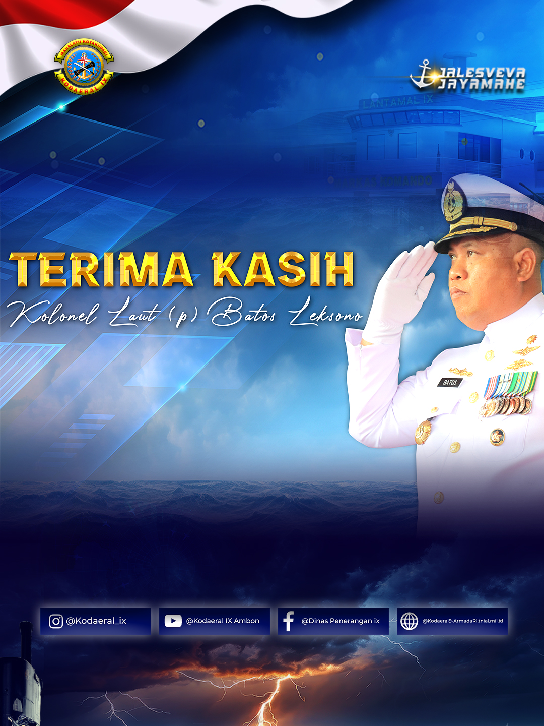 “Selamat jalan dan selamat bertugas kepada Kolonel Laut (P) Batos Leksono” Terima kasih atas dedikasi, pengabdian, serta kebersamaan yang telah diberikan selama mengemban amanah jabatan di Lantamal IX Ambon. Semoga pengalaman, keteladanan, dan semangat pengabdian yang ditinggalkan akan menjadi motivasi bagi kami semua untuk terus melanjutkan tugas dan tanggung jawab dengan sebaik-baiknya. Kami mendoakan semoga senantiasa diberikan kesehatan, keselamatan, serta kesuksesan di penugasan yang baru. Selamat jalan dan selamat bertugas. @Pusat Penerangan TNI 