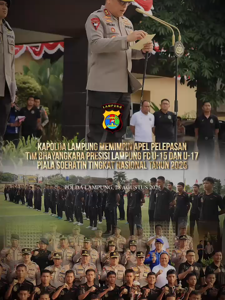 Kapolda Lampung memimpin Apel Pelepasan Tim Bhayangkara Presisi Lampung FC U-15 dan U-17 pada 28 Agustus 2025. Pada kesempatan ini, Tim U-17 resmi dilepas untuk mewakili Lampung di Piala Soeratin Tingkat Nasional Tahun 2025, membawa harapan besar untuk mengharumkan nama daerah di kancah sepak bola nasional. Sementara itu, Tim U-15 yang sebelumnya berhasil meraih Juara 2 Tingkat Provinsi namun belum berhasil melaju ke tingkat nasional, dikembalikan kepada orang tua dengan apresiasi dan penghargaan atas semangat, dedikasi, dan kerja keras yang telah mereka tunjukkan sepanjang turnamen. #KapoldaLampung #BhayangkaraPresisi #Lampung #PialaSoeratin2025 #PresisiUntukIndonesia