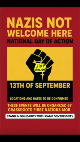 If you stood against the so-called “March for Australia” Neo-Nazi protests, we call on you to join us in taking a stand against the racism and division these groups are trying to spread. Stand with us in solidarity with Camp Sovereignty, which was attacked, and with all our communities resisting hate. Nation-wide actions are being organised — times and locations to be confirmed — with major cities already set to participate. Together we rise — against fascism, against racism, and for justice. ✊🏾 @🐟🐟Rex_Tunt_Fishing🐟🐟 @KangarooJack @PAZ🪃🦘 @🖤💛❤️Unk_Dylz @DavieDave_aka_NigelNobody⬛🟡🟥 @Outbackrat @🥥💋🚩🔥Too Hot to Handle 🔥🚩 @Aboriginal Memez @𓆉ᴵˢˢᵃᵂᵒʳᵏᴼᶠ_ᴬʳᵗ𓆈 #fypシ゚viral #repost #attend #noroomforrasicm 