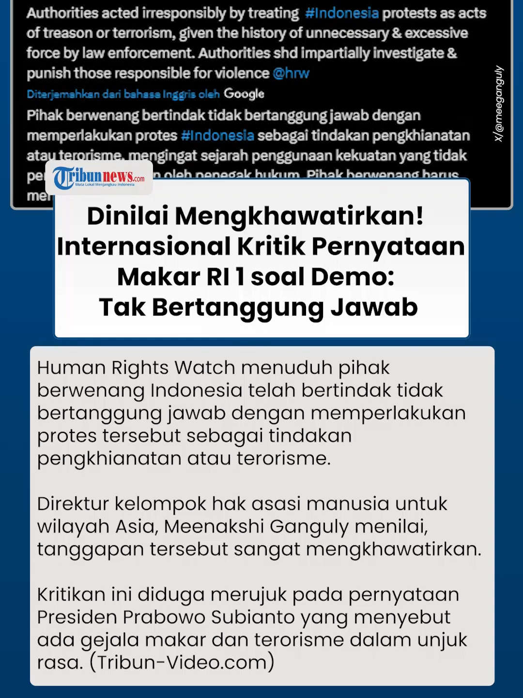 Internasional Kritik Pernyataan Makar dan Terorisme Prabowo soal Demo, Dinilai Mengkhawatirkan #humanrightswatch #makar #prabowo #demo #beritaditiktok