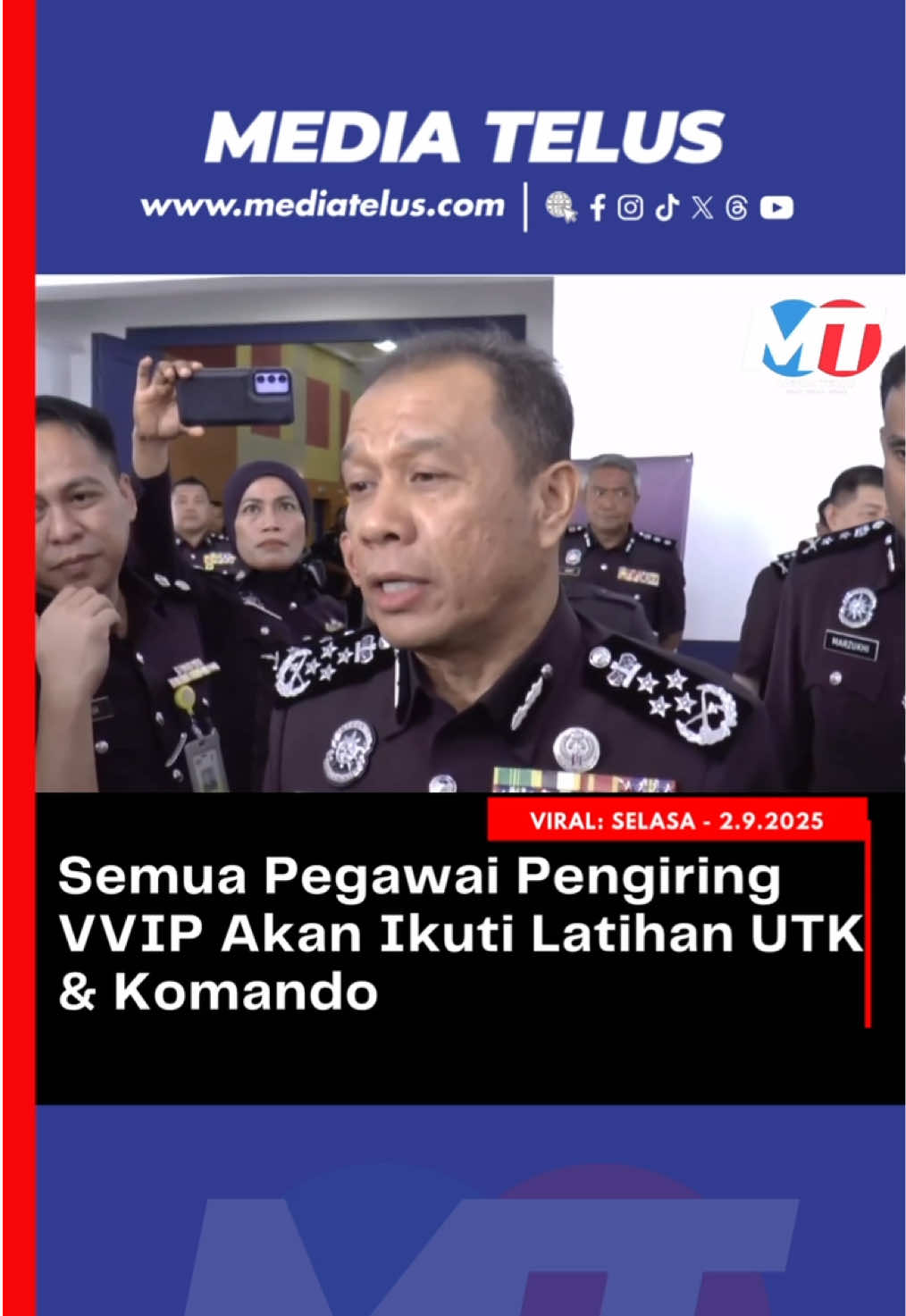 PDRM mewajibkan semua pegawai pengiring diraja dan VVIP mengikuti kursus keselamatan khas dengan elemen UTK serta komando bagi meningkatkan kesiapsiagaan. Langkah itu susulan insiden seorang wanita cuba mendekati Sultan Perak pada sambutan Hari Kebangsaan di Perak baru-baru ini. #KeselamatanNegara #PDRM #UTK #Komando #mediatelus