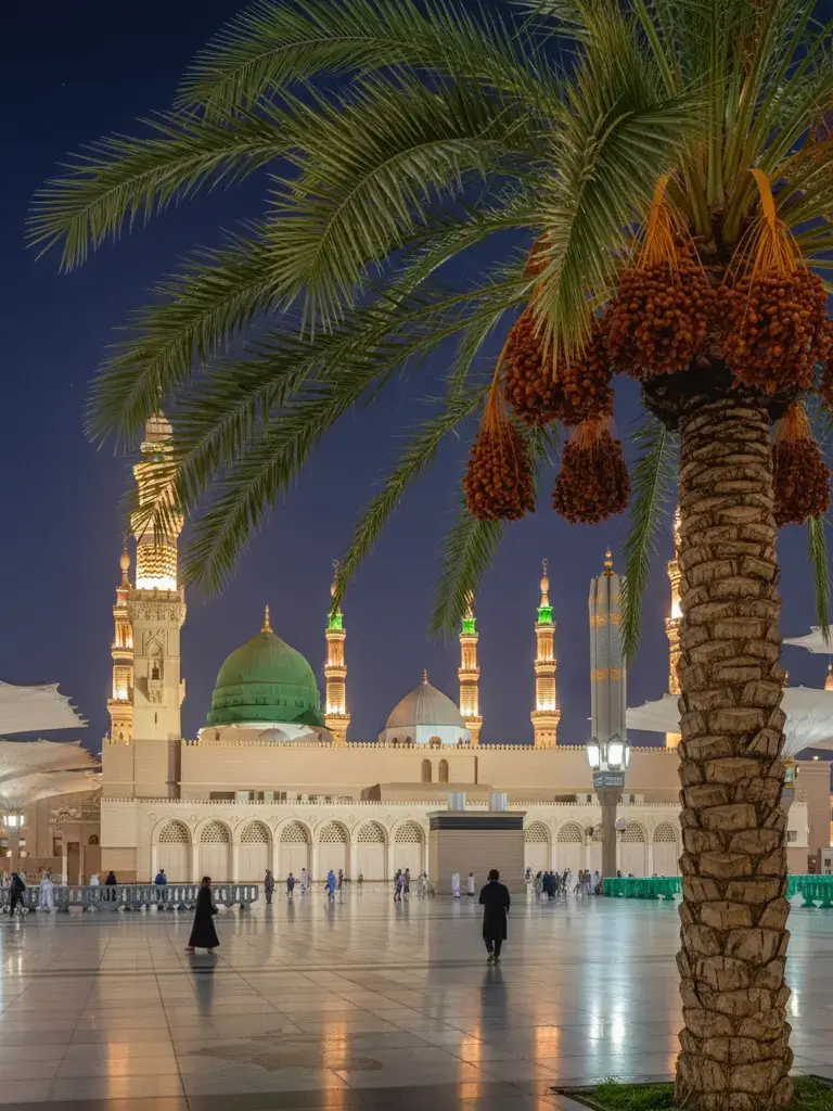 💖💖💖 in Medina, Saudi Arabia, captured at sunrise. The focal point is the iconic Green Dome, illuminated by the warm, golden light of the rising sun, standing out against a clear, pre-dawn blue sky. Below the dome, the white marble courtyards are visible, with a few early worshipers. The famous minarets pierce the sky around the dome. The massive, gold-colored retractable umbrellas are in their folded state, arranged in rows. The lighting is soft but dramatic, casting long shadows and highlighting the detailed Islamic calligraphy and patterns. The overall atmosphere is serene and spiritual, showcasing the mosque's beauty and tranquility.#foryoupage #foryou #fyppp # #pleaseunfrezzemyaccount #growmyaccount 