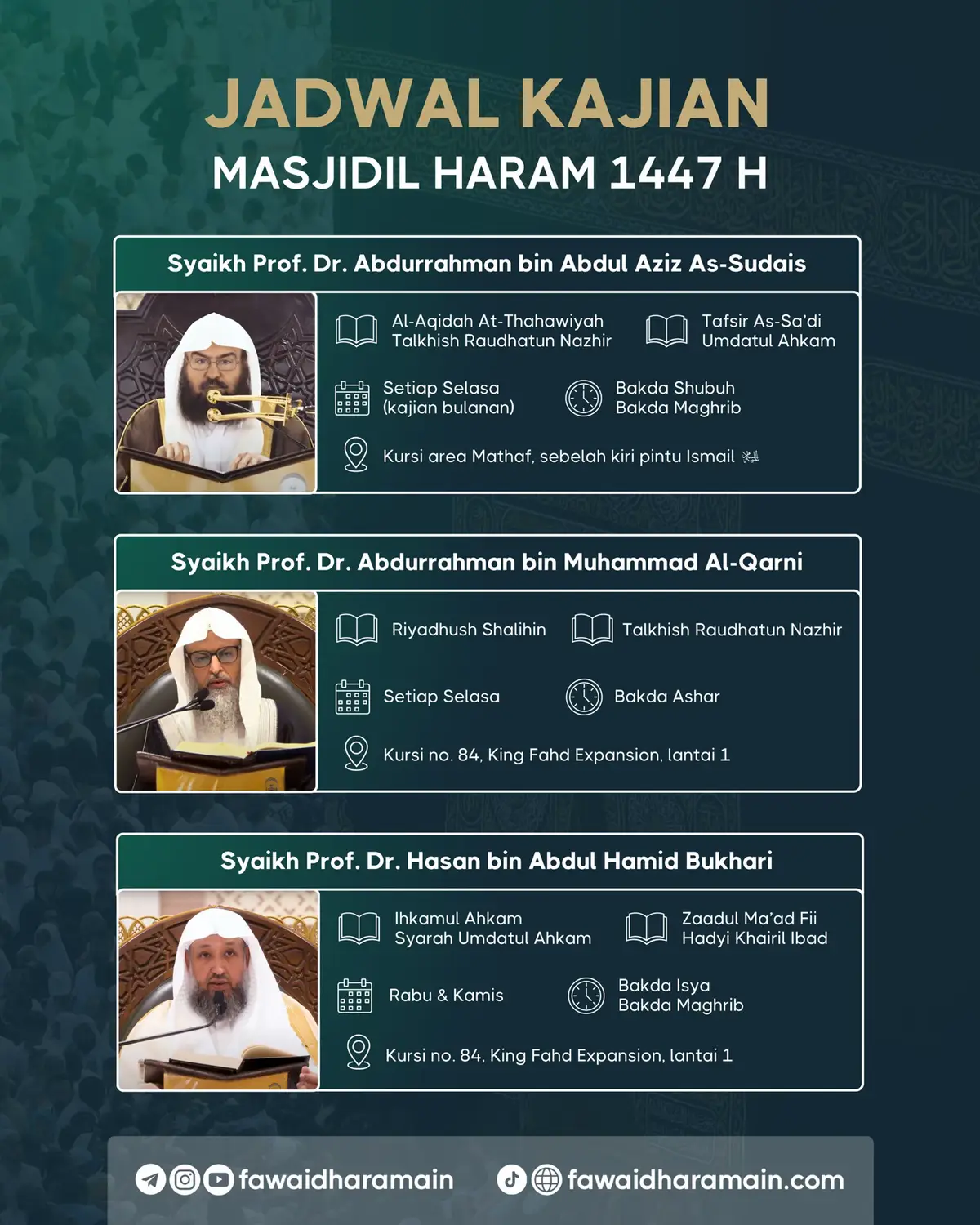Jadwal Kajian Masyaikh Masjidil Haram Tahun 1447 H Alhamdulillah, salah satu nikmat besar yang Allah berikan kepada umat ini adalah tetap berlangsungnya majelis-majelis ilmu di Masjidil Haram, tempat yang menjadi pusat keilmuan Islam yang kemurniannya senantiasa terjaga. Setiap pekan, para Masyaikh yang sebagiannya merupakan Imam di Masjidil Haram & anggota Haiah Kibaril Ulama, mengajarkan kitab-kitab para ulama dalam berbagai bidang ilmu: mulai dari akidah, tafsir, hadits, hingga fiqih. Kajian-kajian ini menjadi penerus warisan keilmuan para ulama salaf, yang terus menuntun umat agar berpegang teguh kepada Al-Qur’an dan As-Sunnah 'ala fahmi Salaful Ummah. Bagi yang hadir langsung di Masjidil Haram, inilah kesempatan emas untuk duduk di majelis ilmu bersama para Masyaikh. Sedangkan bagi kita yang jauh, semoga Allah tetap mencatat niat dan menghadirkan manfaat melalui live/rekaman kajian yang bisa kita simak dan dengarkan.  Baarakallahu fiikum.