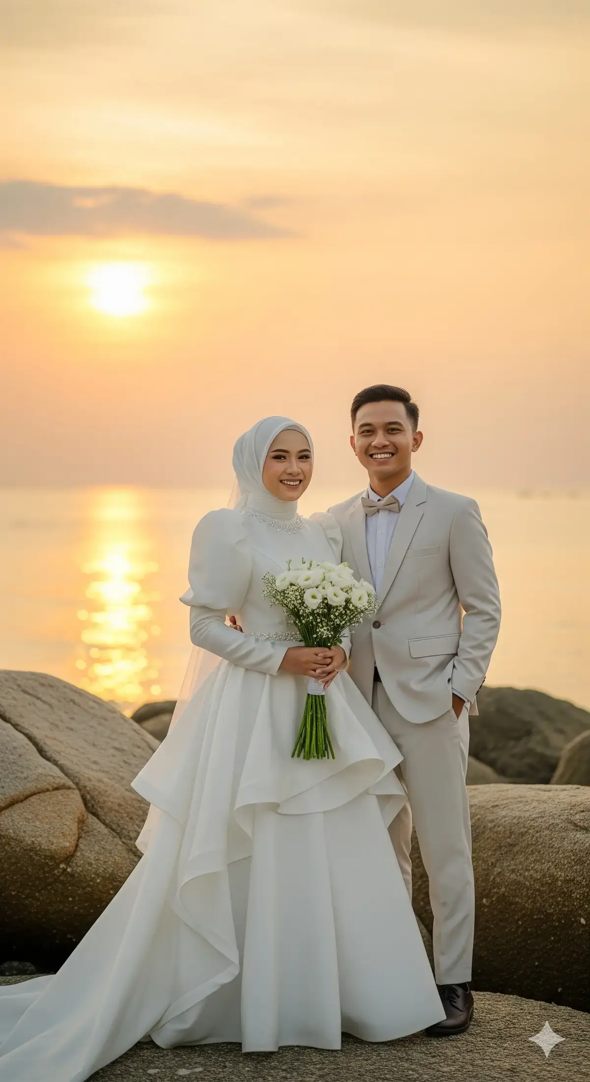 Sepasang pengantin berdiri di atas bebatuan pantai dengan latar matahari terbenam yang indah. Pengantin wanita mengenakan gaun pengantin putih panjang dengan desain modern dan elegan, berlapis kain mengalir, lengan puff, serta jilbab putih polos.