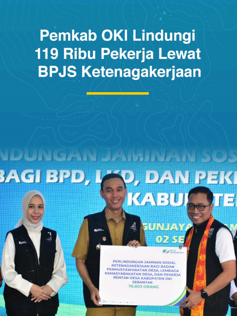 Pemkab OKI Lindungi 119 Ribu Pekerja Lewat BPJS Ketenagakerjaan . OKI---Pemerintah Kabupaten (Pemkab) Ogan Komering Ilir menunjukkan kepedulian tinggi terhadap nasib pekerja sektor formal, informal, perangkat desa hingga pekerja rentan di desa dengan memberikan perlindungan melalui program BPJS Ketenagakerjaan. Sebanyak 119. 940  pekerja terlindungi dari risiko kecelakaan kerja maupun kematian. Jumlah ini merupakan yang terbanyak se Provinsi Sumsel. ___________________________ Dapatkan informasi dan Tetap Terhubung dengan Dinas Komunikasi dan Informatika Kabupaten OKI melalui Kanal Informasi : Website : web.kaboki.go.id Website PPID : ppid.kaboki.go.id Instagram : @pemkab_oki @Kominfo.oki Facebook : Diskominfo OKI Tiktok : @Kominfo.oki YouTube : @kominfo_oki WhatsApp Channel : Diskominfo OKI . #OKIMajuBersama  #DiskominfoOKITerkoneksi 