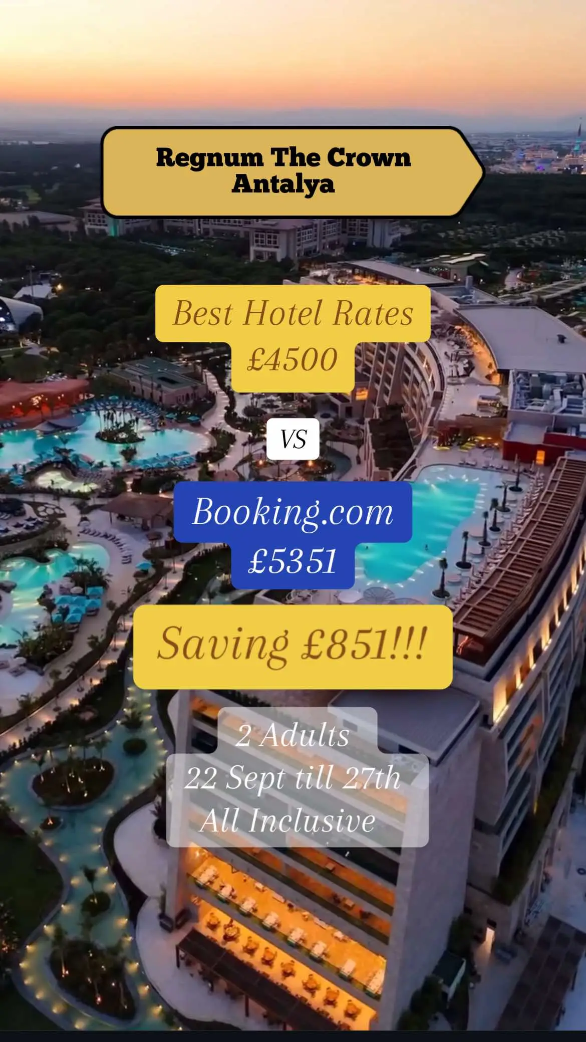✨ Luxury Escape Alert! ✨ 🌊 Regnum The Crown – Antalya’s ultimate 5⭐ luxury resort! 📅 22 – 27 September - 5 Nights  👫 2 Adults 🏨 Seascape Room 🥂 All-Inclusive ✅ Free Cancellation until 16 Sept 💰 ONLY £4,500 for the full stay! 🔥 Experience world-class dining, infinity pools, private beach vibes & 5-star luxury for less. 📲 To book: 📩 DM us now or WhatsApp: +44 7418 354003 @regnumthecrown  #RegnumCarya #TheCrownHotel #TurkeyHotels #LuxuryTravel #LuxuryLifestyle #TurkeyResorts #BelekAntalya #5StarResort #LuxuryVacation #AntalyaHotels #TravelTok #LuxuryResort #FamilyResortTurkey #HoneymoonInTurkey #GolfResortTurkey #LuxuryLiving #BucketListTravel #TravelGoals #HotelGoals #LuxuryEscape #tiktoktravel #ViralTravel #fyp 