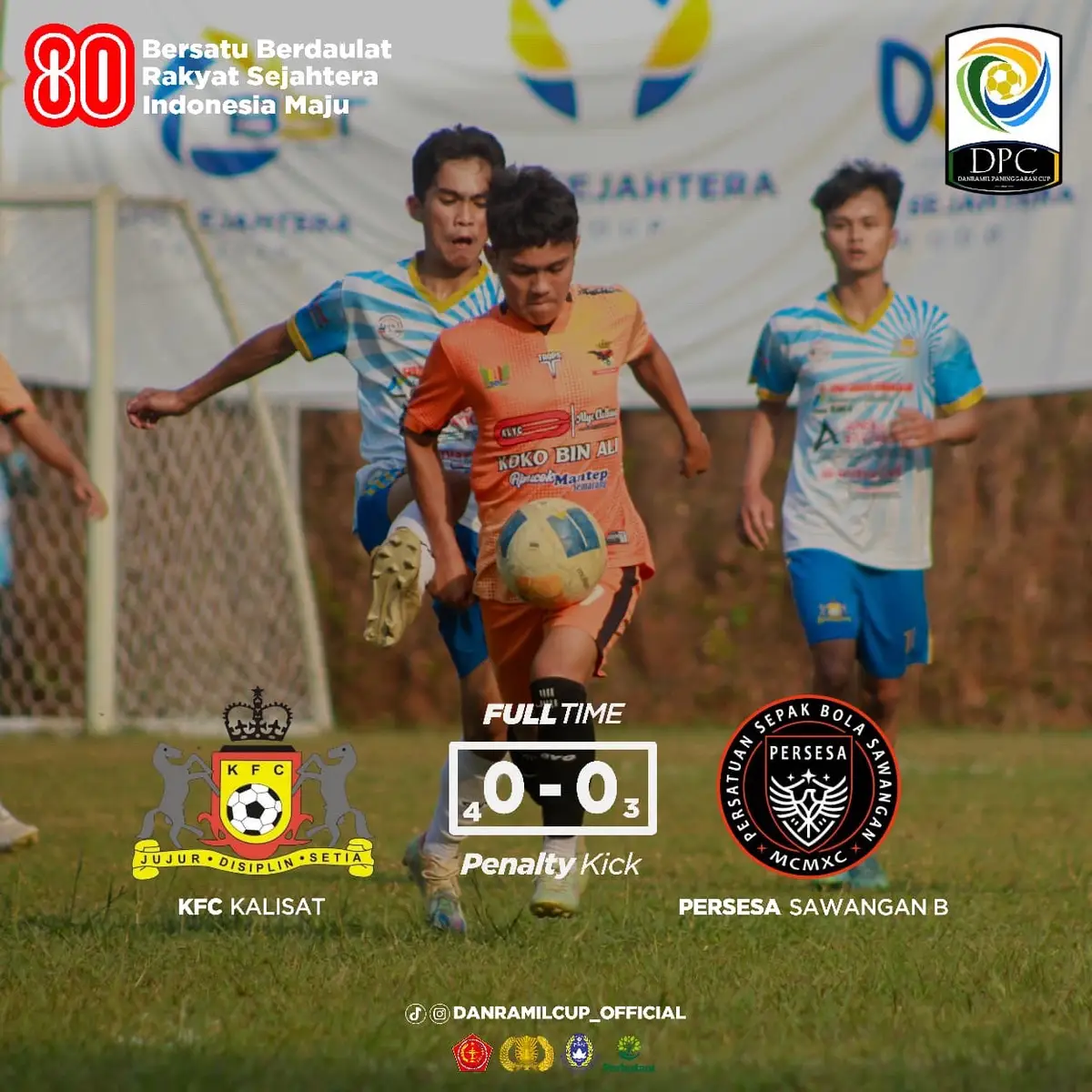 Hasil akhir pertandingan di babak 32 besar hari terkahir antara ps kalisat vs pesesa B dimenangkan kalisat melalui adu tendangan penalty dengan sekor 4-3 Pertdandingan berjalan sengit sejak peluit babak pertama di mulai persesa sempat menggandakan keunggulan namun salah pemain masih ter perangkat offside , hingga peluit akhir di bunyukian masih tetap dengan sekor kacamata , di lanjutkan adu penalty dan kalisat memenagkan adu penalty tersebut  Selamat buat kalisat dan tetap semangat buat persesa B  AGEEEE AGEEEEE #fyppppppppppppppppppppppp #danramillpaninggarancup11 #infotarkampekalongan 