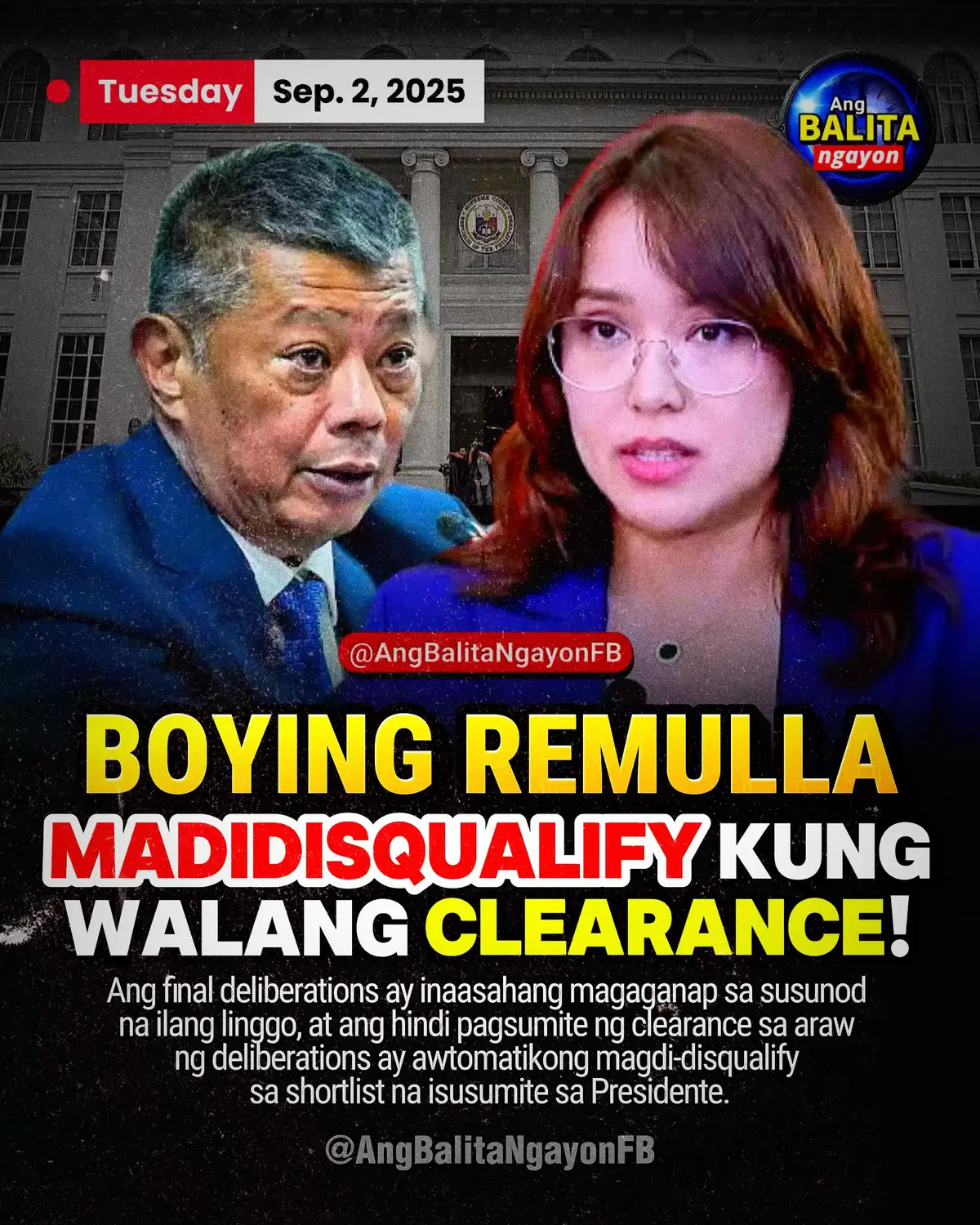 Posibleng malagay sa alanganin ang nominasyon ni Justice Secretary “Boying” Remulla bilang Ombudsman ayon kay Supreme Court spokesperson Atty. Camille Sue Mae Ting, matapos kumpirmahin na “non-negotiable requirement” ang pagkakaroon ng Ombudsman clearance para makasali sa shortlist ng Judicial and Bar Council (JBC). Ayon kay Ting, malinaw ang rules ng JBC: ang sinumang may pending criminal o regular administrative case ay awtomatikong hindi kwalipikado para sa nominasyon. “One of the requirements under the rules is an Ombudsman clearance. That means wala na silang pending administrative or criminal case before the Ombudsman.” Ipinaliwanag din ni Ting na kritikal ang clearance dahil ang Ombudsman mismo ang mag-iimbestiga at magpe-prosecute sa mga opisyal ng gobyerno na masasangkot sa graft at corruption. “Because the Ombudsman is the one prosecuting and investigating our government officials. One of the qualifications is probity, so that means dapat of good moral standing and of good moral character sila.” Nilinaw ng SC spokesperson na binibigyan si Remulla ng hanggang araw ng final deliberations para isumite ang clearance. “He is given until the day of final deliberations to submit his clearance.” Ang mga deliberasyon ay inaasahang magaganap sa susunod na ilang linggo, at kung hindi makapagsumite ng clearance si Remulla sa mismong araw ng deliberations, awtomatiko siyang madi-disqualify sa shortlist na isusumite sa Pangulo. #marcos #duterte #Ombudsman #SupremeCourt #AngBalitaNgayonFB