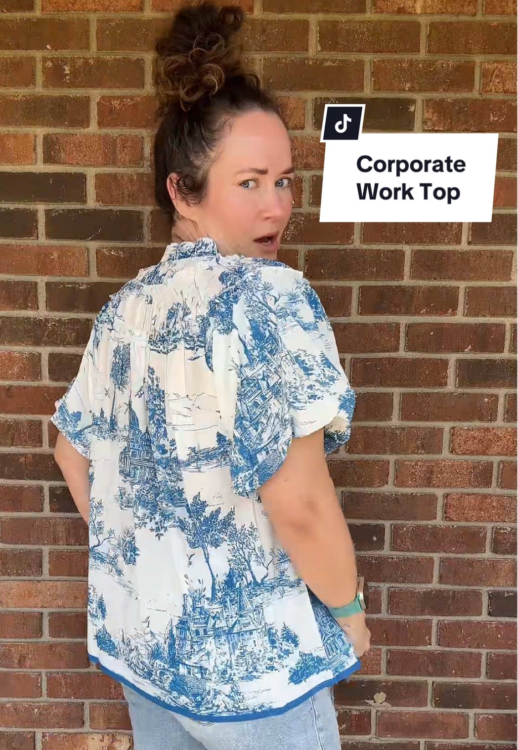 Elevating your work wardrobe doesn’t have to mean sacrificing comfort! This @Sage Vell blouse is the perfect example of how you can look polished and professional without feeling stiff. The delicate architectural print adds personality while still being office appropriate, and the lightweight fabric makes it easy to wear from morning meetings to happy hour. The flattering v-neckline and subtle ruffle detail give this top a tailored feel that pairs beautifully with structured trousers, pencil skirts, or your favorite blazer. If your office leans business casual, it also works tucked into dark denim with loafers or heels. The cut is flowy enough to keep you comfortable during long days at your desk while still looking refined on camera for calls or presentations… IYKYK!! If you’ve been searching for versatile corporate wear that isn’t another plain button-down, this blouse is a refreshing alternative. It’s stylish, comfortable, and designed to carry you through your 9–5 while still looking effortless for anything on your calendar after. #corporategirlies #workoutfits #workootd #midsize #fashiontiktok  