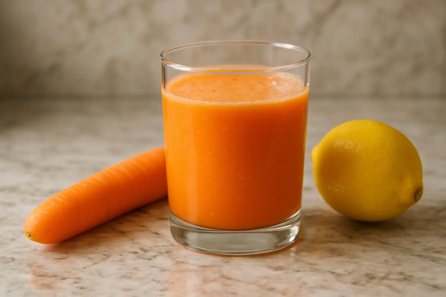 Suco de Cenoura com Limão 🍹 Ingredientes: 	•	2 cenouras médias descascadas e picadas 	•	Suco de 1 limão (ou a gosto) 	•	300 ml de água gelada 	•	1 colher de chá de mel ou adoçante natural (opcional) 	•	Gelo a gosto Modo de preparo: 	1.	Coloque a cenoura picada no liquidificador. 	2.	Adicione a água e bata até obter uma mistura homogênea. 	3.	Coe (se desejar um suco mais liso) ou mantenha com fibras. 	4.	Acrescente o suco de limão espremido na hora e misture bem. 	5.	Adoce a gosto com mel. 	6.	Sirva com gelo. 👉 Esse suco é refrescante, rico em vitamina C e betacaroteno, ajudando na imunidade, na saúde da pele e dos olhos.
