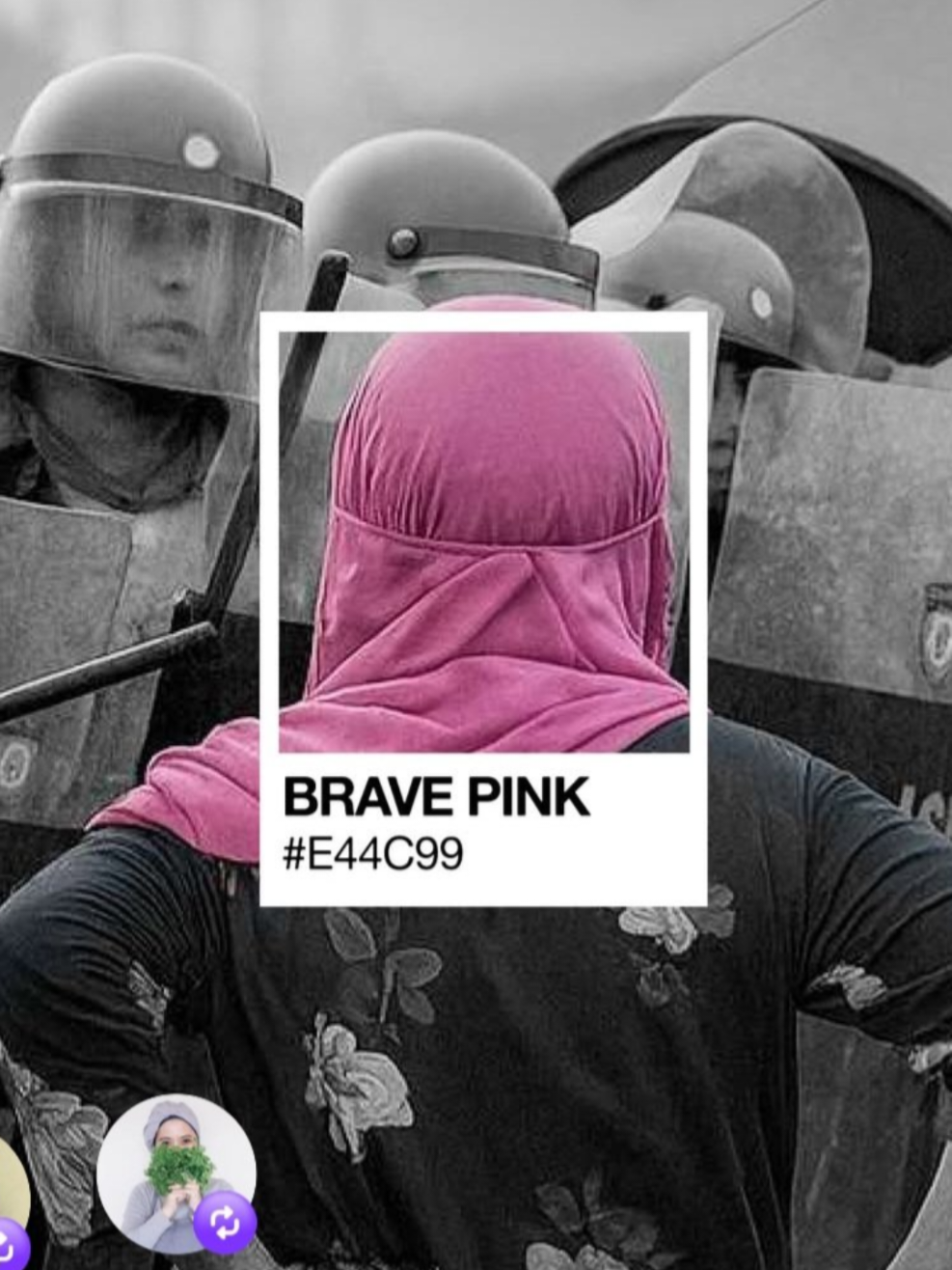 Netizen di Indonesia ramai-ramai mengubah foto profil mereka menjadi bernuansa pink dan hijau. Kedua warna tersebut diberi nama 'Brave Pink' dan 'Hero Green'. Dua warna ini bukan sebatas tren visual, tapi juga menjadi simbol perlawanan, keberanian, hingga harapan bagi bangsa ini. Warna brave pink muncul setelah ibu Ana, demonstran yang menggunakan kerudung pink, menarik perhatian dan pujian di saat demo di depan Gedung DPR RI, Jakarta, Kamis (28/8) lalu. Ibu Ana dengan berani berdiri di depan para aparat, dengan membawa bendera Merah Putih yang terpasang di bambu. Ini menjadi bukti kalau seluruh lapisan masyarakat berhak lantang bersuara. #bravepink #fyp #viral #demo #emakemak 