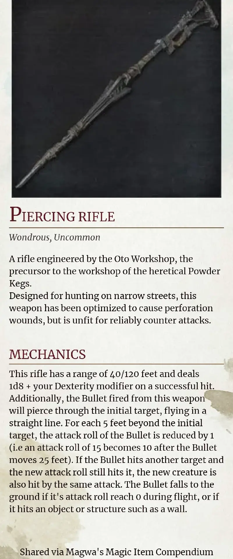 The Piercing Rifle from #bloodborne comes to #dnd5e ! Capable of piercing through multiple foes, this is a fine addition to any adventurers arsenal. #dnd #dndtiktok #dungeonsanddragons 