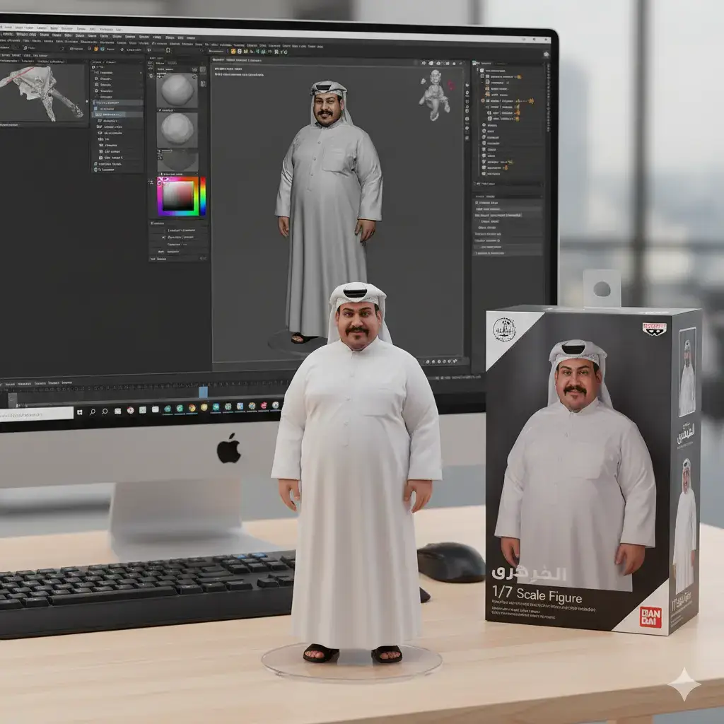 انشاء لي Create a 1/7 scale commercialized figure of the character in the illustration, in a realistic style and environment. Place the figure on a computer desk, using a circular transparent acrylic base without any text. On the computer screen, display the ZBrush modeling process of the figure. Next to the computer screen, place a BANDAI-style toy packaging box printed with the original artwork.