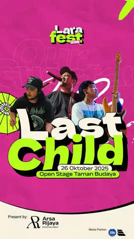 HEY LARATICS!  Setelah clue demi clue yang kita kasih beberapa hari terakhir, akhirnya kita sampai di momen yang paling ditunggu-tunggu… YES! Guest star kita kali ini adalah *LAST CHILD*! 🔥 Siap-siap nyanyi bareng, teriak sekuat hati, dan ngerasain energi luar biasa dari band yang lagunya udah nemenin banyak cerita hidup kita. Malam itu bakal jadi momen penuh emosi, tawa, dan kenangan yang susah dilupain!  Dan kabar pentingnya…  Penjualan tiket akan dibuka dalam beberapa hari lagi! Jadi, pastikan kalian stay tuned dan jangan sampai kehabisan. Karena once-in-a-lifetime moment ini wajib banget kalian rasain langsung! #arsarijayaentertainment  #larafest2025aceh 