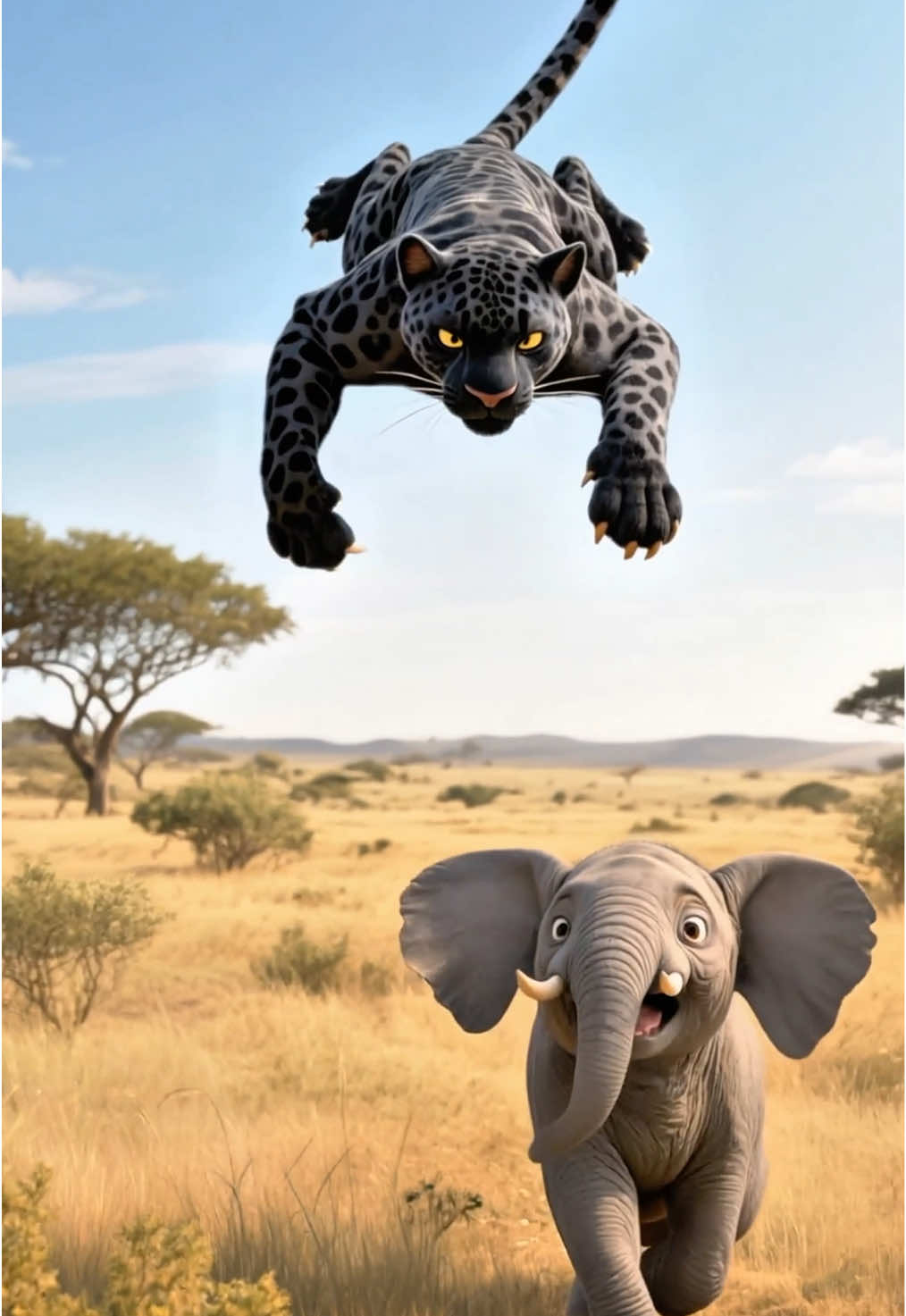 The black panther was hunting the baby elephant and the adult elephant came to the rescue in time.