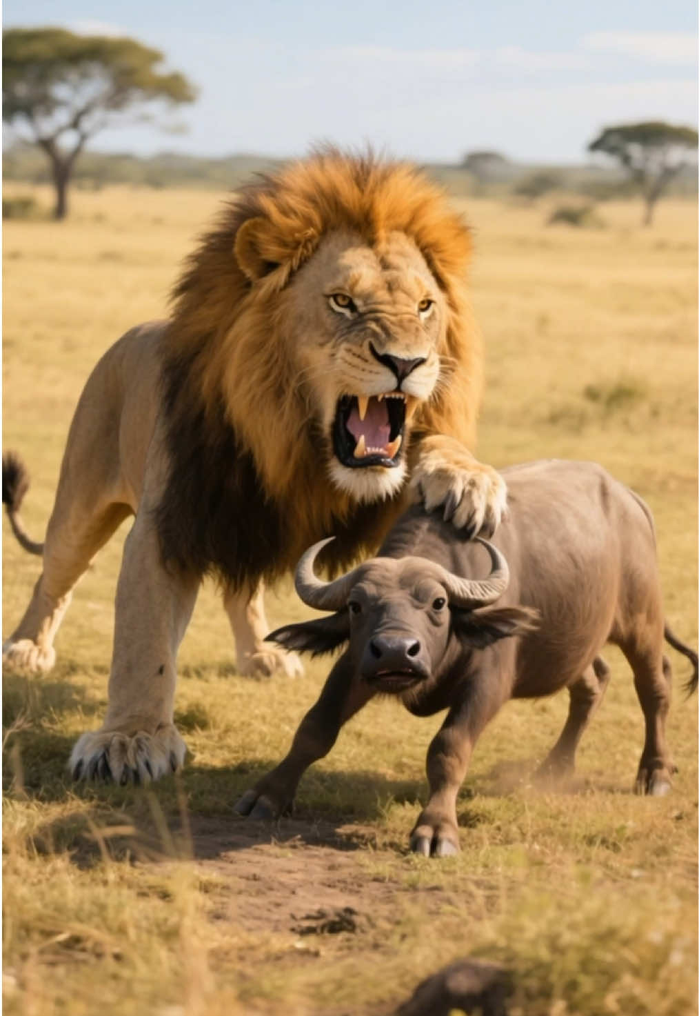 he bison battles the male lion to save the calf.