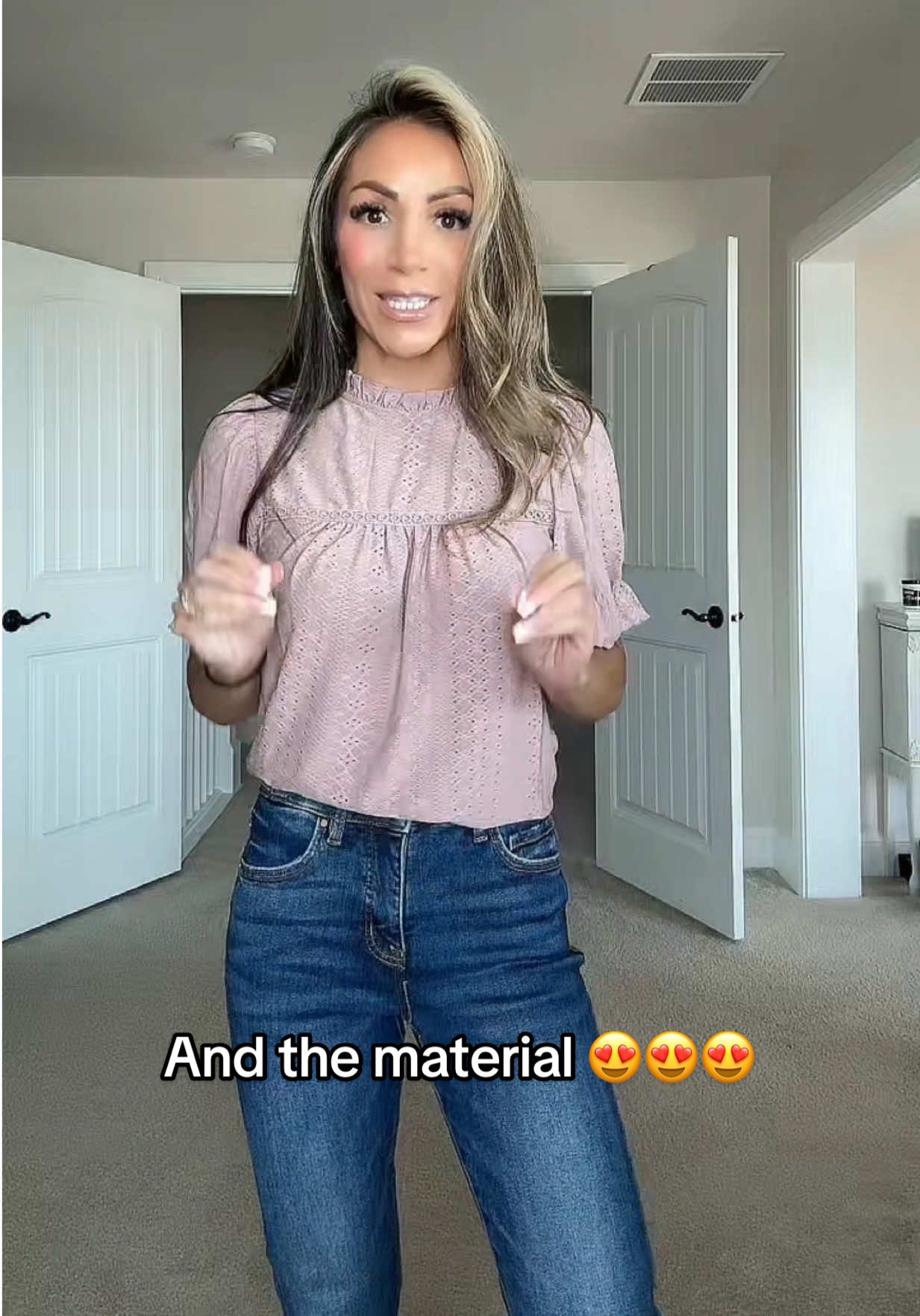 I love this dressy top. The material feels so lovely. You can dress this up or down with jeans. Love the colors I got. #dressy#top#blouse#shortsleeve#highneck  