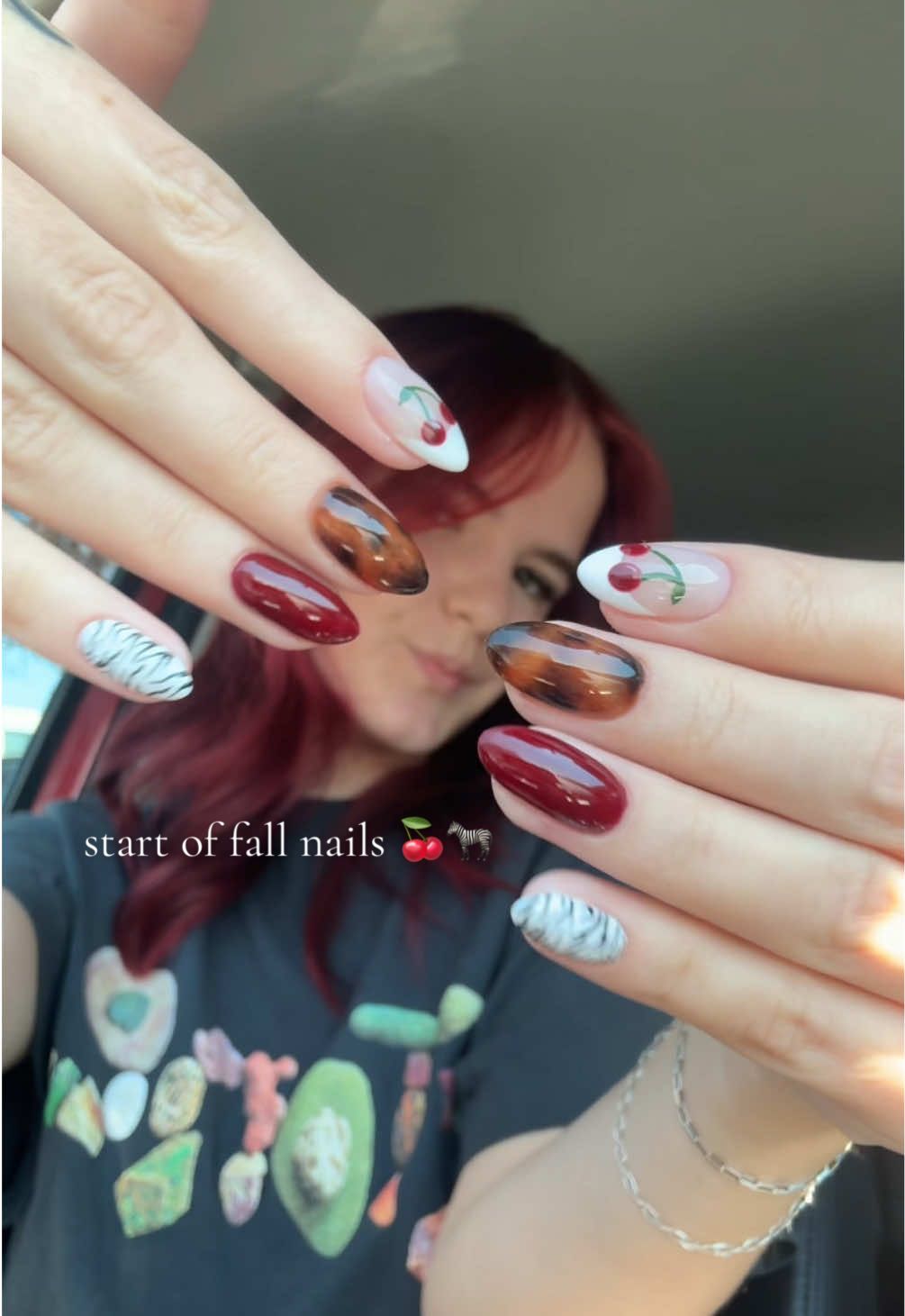starting my transition into fall nails 🍒🦓 #nailday #fallnails #nailtransition #newnails #fyp 