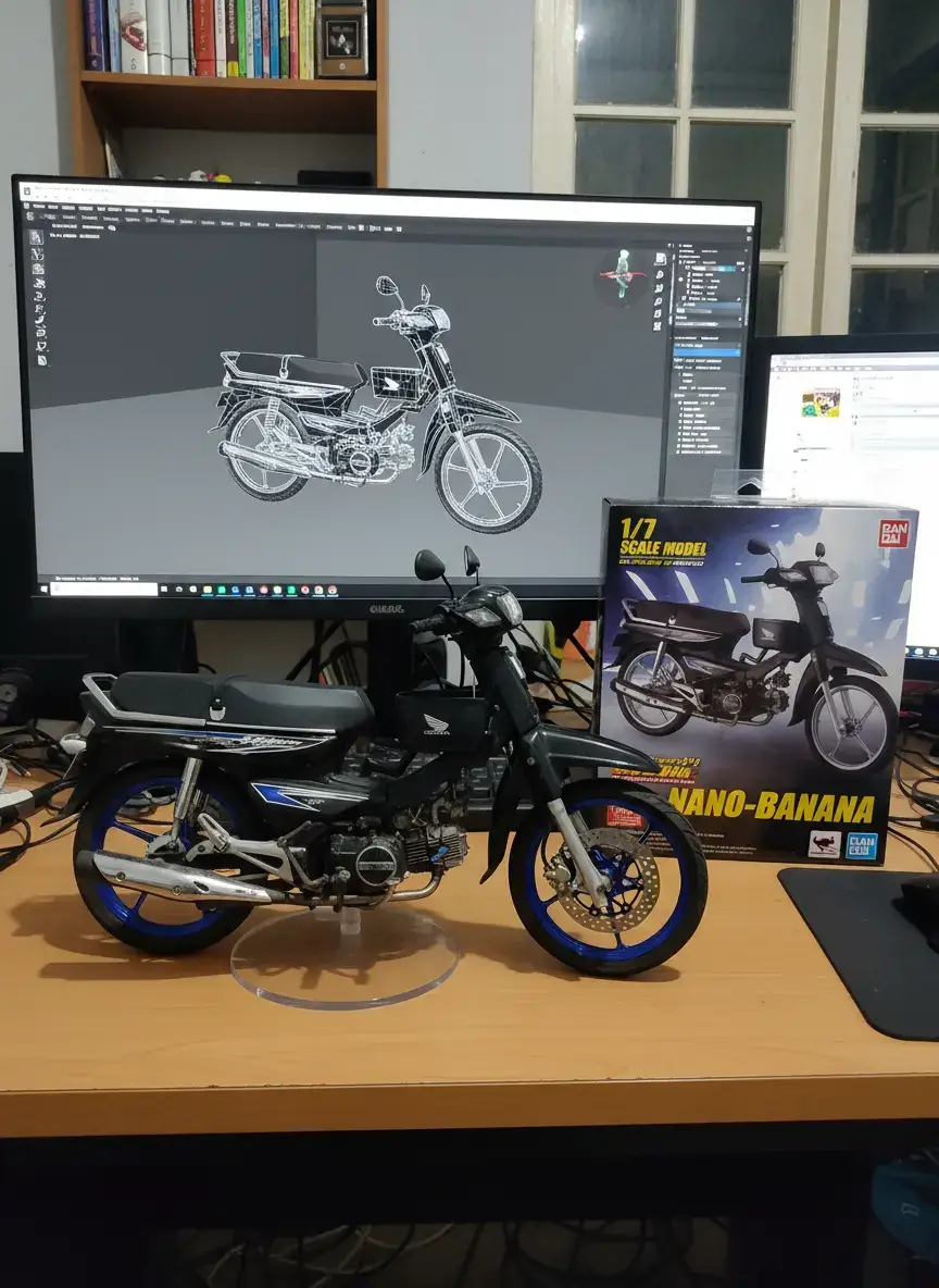 ikut trend 😜LMArena#ai #lmarena #miniatur #fypシ゚viral🖤tiktok #astreagrandindonesia  cara pembuatan foto lmarena 1 pergi ke goggle crhom 2 cari Lmarena.com  3 pilih tanda + 4pilih foto yang diingginkan @julzzgtgbgt:Use the SONDENO_ model to create a 1/7 scale commercialized figure of the motorcycle in the illustration, in a realistic style and environment. Place the figure on a computer desk, using a circular transparent acrylic base without any text. On the computer screen, display the ZBrush modeling process of the figure. Next to the computer