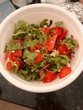 Space Salad….basil, arugula, watermelon, tomatoes, feta, and an infused olive oil, aged balsamic vinegar, and MCT oil. (30ml of each & MCT is 200mg/tbsp) WASH YOUR VEGETABLES!!! Ice bath to firm tomatoes before 1/4ing. 