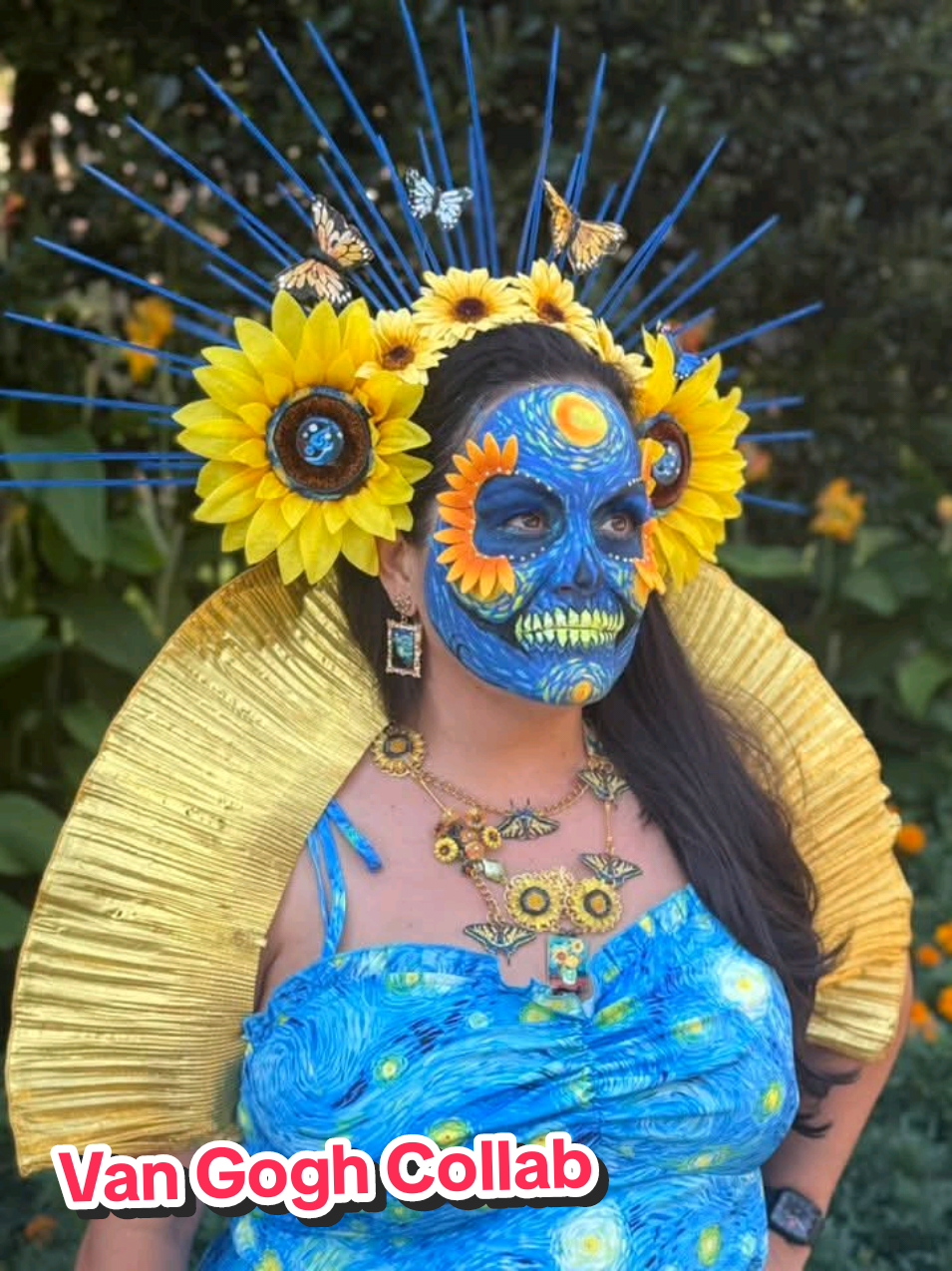 I'm so excited about the project I completed this weekend! I can only share part of it yet, but I am so thrilled with how everything turned out. We're starting on our Dia de los Muertos looks early💀🏵🌼🏵 @melissadiaz8223 is such a talented corona fabricator, and our creative chemistry together always gives my battery a little recharge. She requested a Starry Night theme, not knowing what a huge Van Gogh fan I am.  I absolutely love how her look came together with the 3 dimensional sunflower petals and the crown, and her stunning necklace that I couldn't stop staring at🤣 I used @GTX Cowgirl Facepaint water resistant paints for this look #facepainter #facepaint #sugarskull #catrinamakeup #diadelosmuertos 