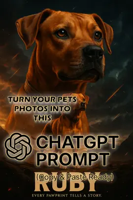 Ultra-photorealistic cinematic 9:20 vertical movie-poster composition. Subject: [UPLOADED DOG PHOTO] Upper half: giant, dramatic close-up portrait of the dog’s face filling the sky, intense and focused eyes, fur lit with sharp cinematic detail. Middle foreground: the same dog in full-body stance, standing strong on rugged ground, chest proud, wind brushing through fur — heroic presence. Background: storm clouds over jagged mountains, swirling dust and glowing embers in the air. A faint smaller silhouette of the dog walking in the distance for depth and scale. Lighting & effects: bold orange/teal cinematic color grade, glowing light streaks cutting across the scene, golden rim light outlining the fur, dust particles suspended midair, epic atmospheric haze. Typography placement: [DOGS_NAME] in large, bold cinematic font at the bottom, styled like a movie title. Below the name, the tagline: “Every Pawprint Tells a Story.” in smaller, elegant lettering. Mood: gritty, powerful, legendary — like a Hollywood action movie poster starring the dog as the lone hero. Quality: ultra-detailed fur textures, 8K UHD clarity, hyper-realistic rendering, strong contrast, poster-style cinematic polish. Negative prompt: no humans, no extra animals, no distorted limbs, no clutter. #photography #chatgpt #fyp #prompt #PetsOfTikTok 
