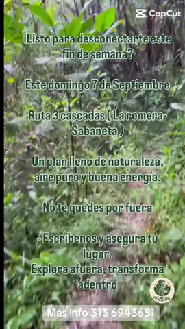 🌿💦 ¡Atrévete a vivir la magia de la naturaleza en la Ruta 3 cascadas – La romera, Sabaneta 💦🌿 Un tesoro verde al sur del Valle de Aburrá. Allí descubriremos tres joyas escondidas en medio del bosque: Cascada El Brujo, Cascada El Embrujo y Cascada La Romera, en un plan de senderismo perfecto para conectar con el agua, el aire puro y la energía de la montaña. 📅 Fecha: Domingo, 7 de septiembre 2025 📍 Punto de encuentro: Estación Itagüí del Metro ⏰ Hora de salida: 6:30 a.m. 📲 Informes y reservas: 3136943651 ✨ Valkuna Travels – RNT 252333 🌎 Explora afuera, transforma adentro 🌎 @valkunatravels 