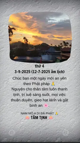 thứ 4 3-9-2025 (12-7-2025 âm lịch) Chúc bạn một ngày mới an yên theo Phật pháp Nguyện cho thân tâm luôn thanh tịnh, trí tuệ sáng suốt, mọi việc thuận duyên, gieo hạt lành và gặt bình an. #tamtinh #phatgiao #phatphap #nammoadidaphat #phatphapnhiemmau 