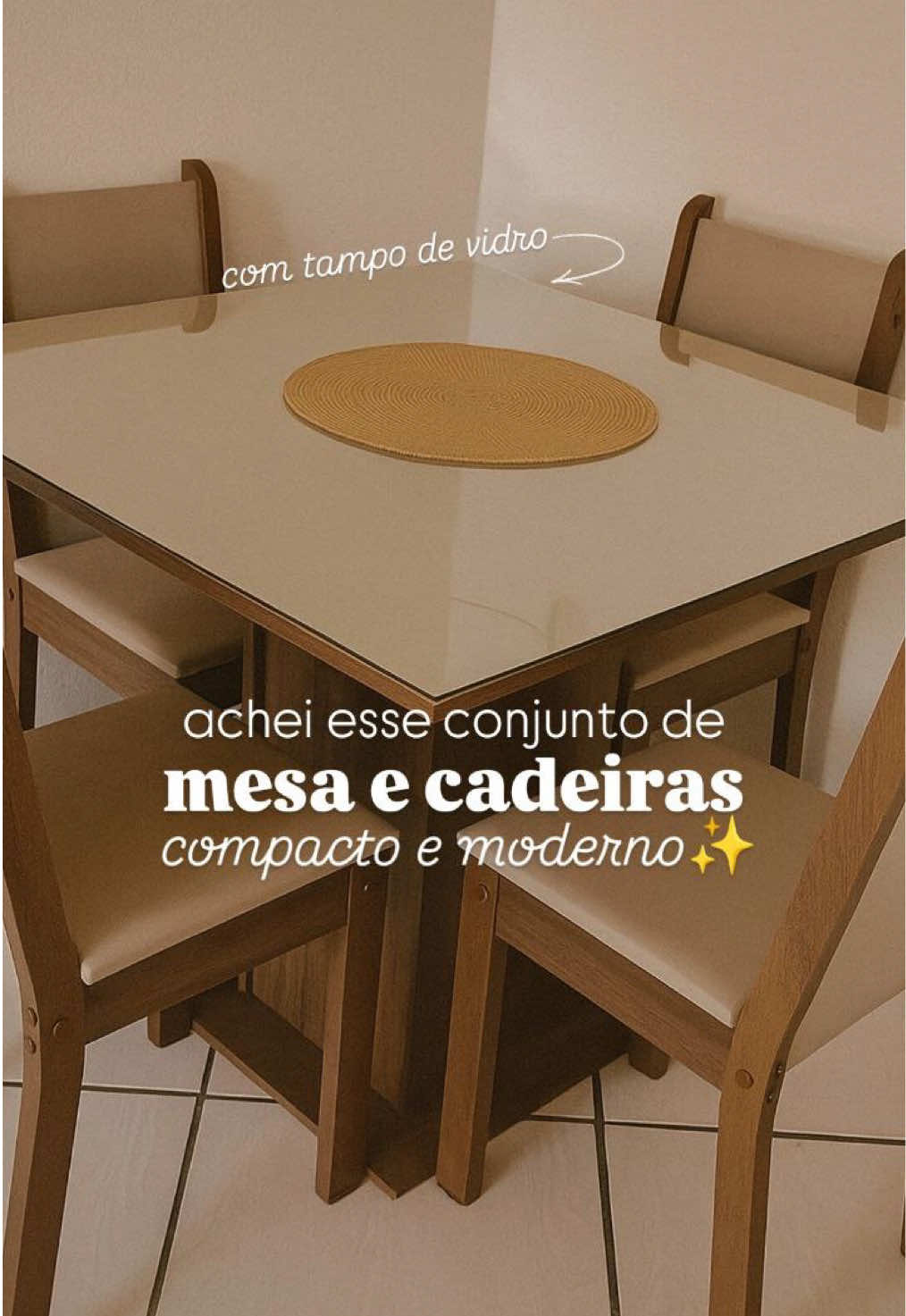 _Conjunto Sala de Jantar Mesa Tampo de Vidro 4 Cadeiras Rustic/Crema/Bege Tifani Madesa_ por R$669,99 Digite QUERO que te envio o Link agora!  #acheinashopee #achadinhos #conjuntomesaecadeira 