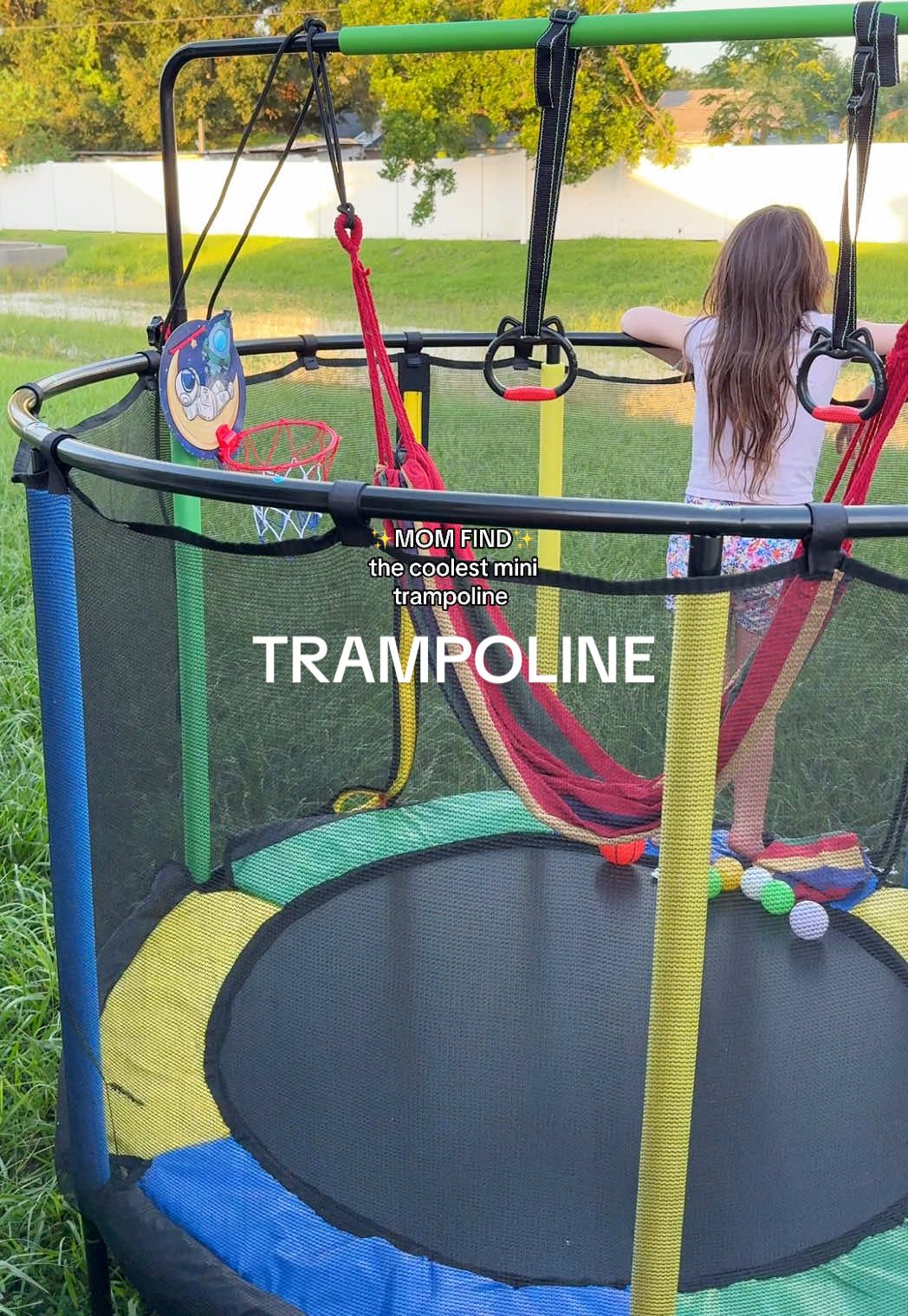 this trampoline is one of my favorite finds as a mom to 2 energetic little girls! They will spend HOURS on it! Comes with so many cool things and the price is so good right now! 😭🙌🏻 #trampoline #indoorplayground #minitrampoline #kidsactivities #giftsforkids 