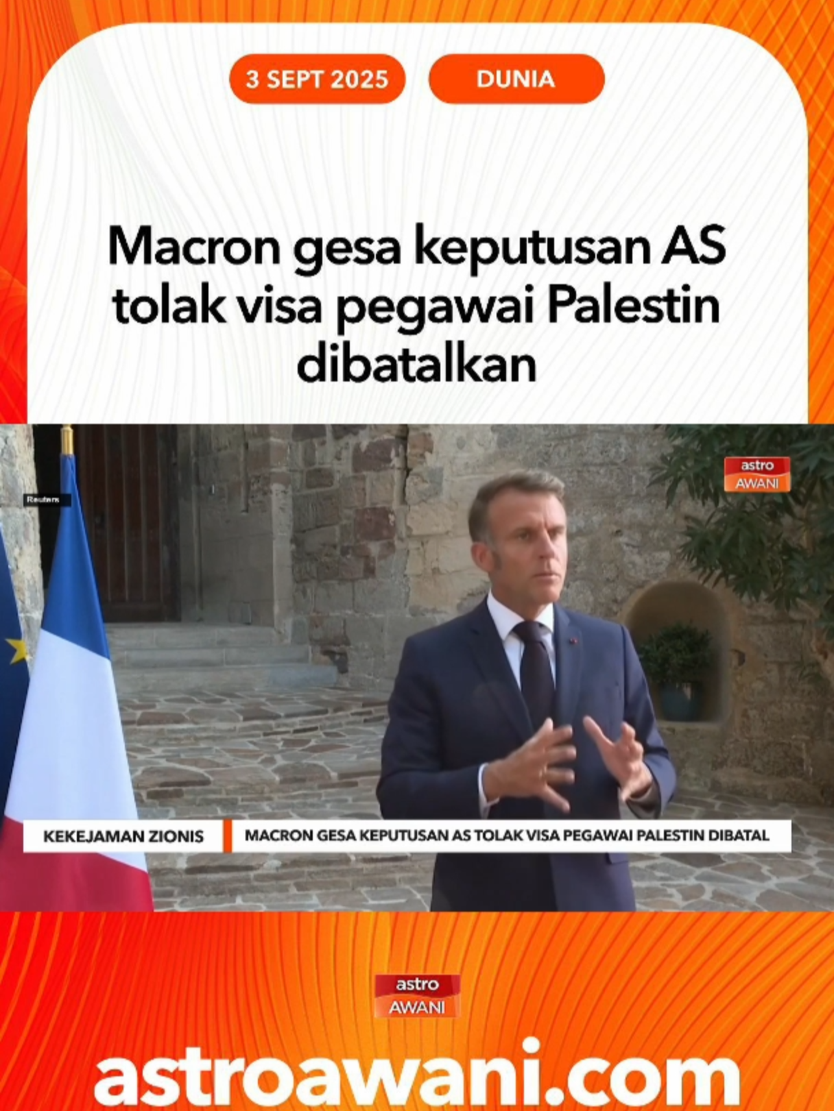 Presiden Perancis, Emmanuel Macron, menggesa keputusan Amerika Syarikat yang menolak visa kepada pegawai Palestin bagi menghadiri Sidang Agung Pertubuhan Bangsa-Bangsa Bersatu (PBB) di New York dibatalkan. #AWANInews