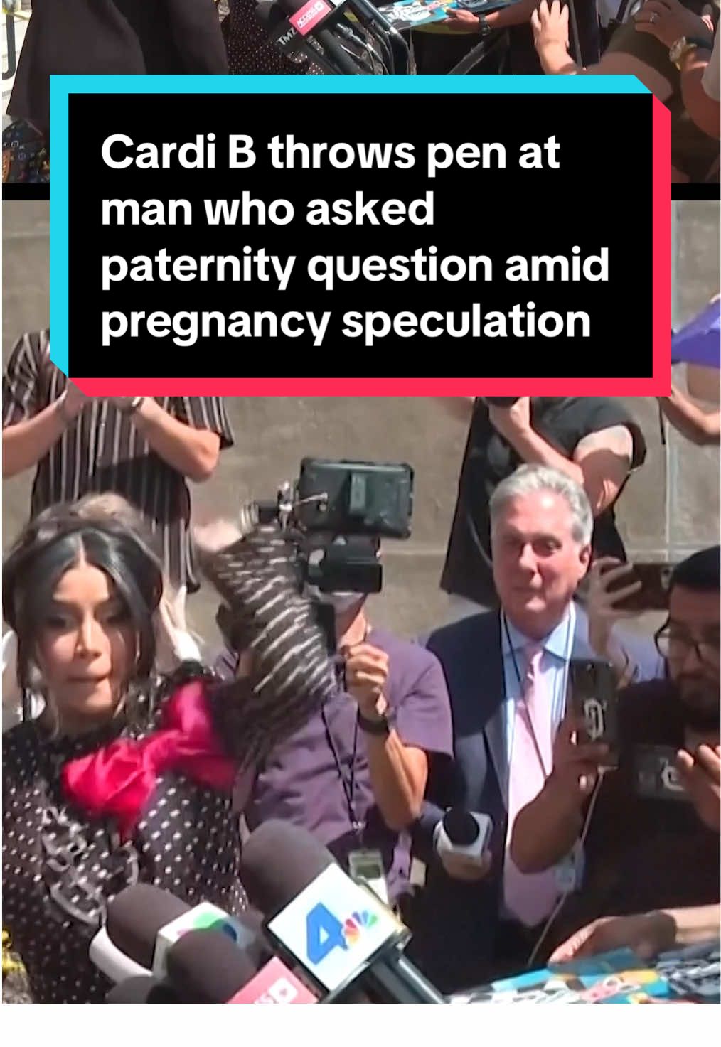 Cardi B threw a pen at a man outside a Los Angeles courthouse on Tuesday after he asked if there could be a question of paternity amid speculation she’s pregnant with her fourth child. The rapper has been separated from her husband, rapper Offset, since last year, and entered a relationship with New England Patriots wide receiver Stefon Diggs earlier this year. Despite speculation, she has not confirmed if she is pregnant with her fourth child. “Don’t disrespect me,” Cardi B yelled at the man after he asked if she expects “any paternity issues with Stefon Diggs.” “Do you see women asking those types of questions to me?” she continued. “Why do you feel as a man you get to ask me those type of questions? Act like you have some manners and your mama taught you. Respect women.” Cardi B had been at the court for a civil trial over an alleged 2018 altercation in which a security guard claimed  the rapper assaulted her at a doctor’s office. A jury cleared her of those allegations Tuesday following the incident outside the courthouse. #cardib #court #losangeles 