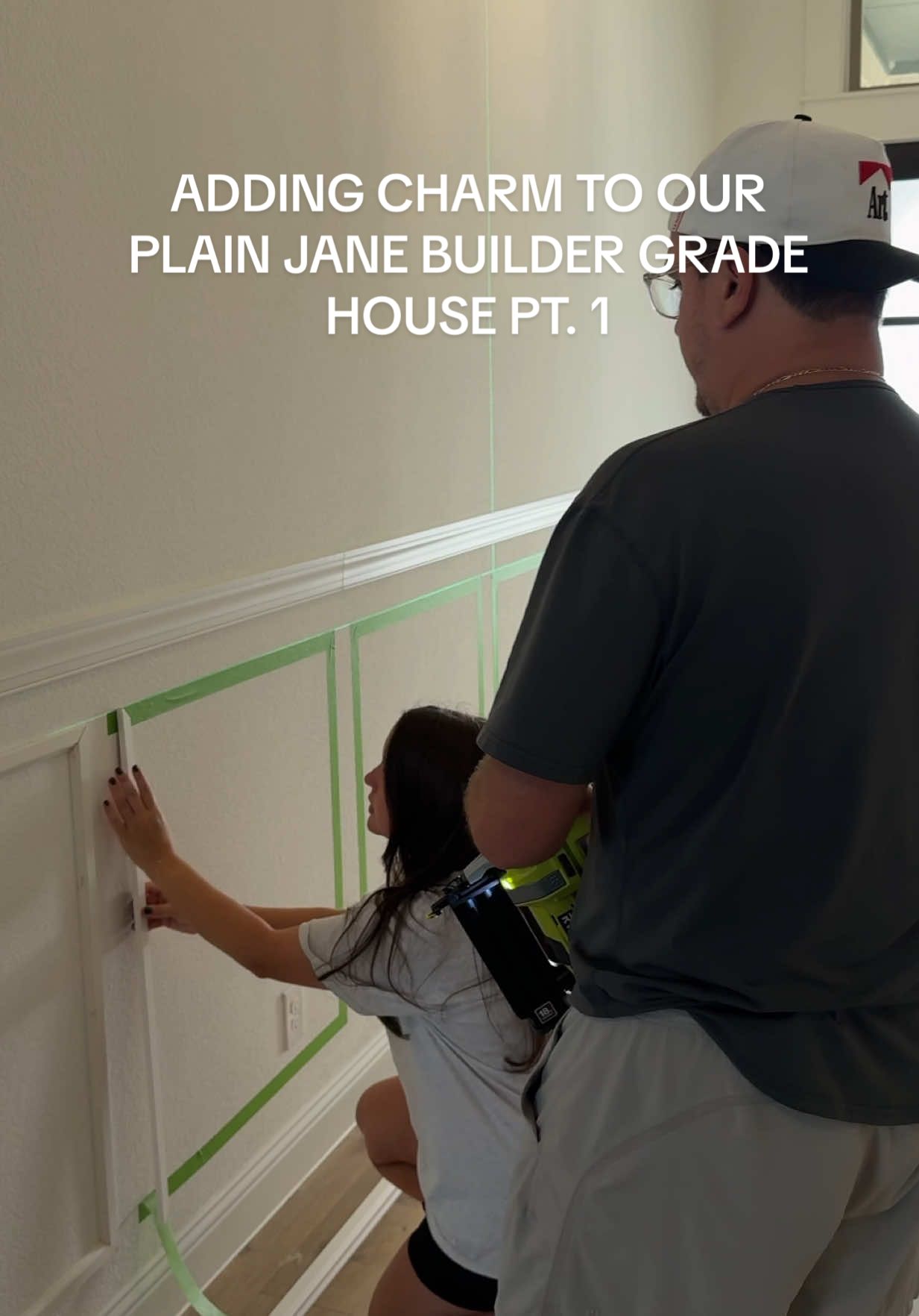 part 1 of adding ✨charm✨ to our plain jane house! Taking this baby from builder grade to Pinterest made one easy diy at a time. My projects take days usually because I’m a mom of three and I’ve learned that the key to a good diy is to be patient and take your time 👏  Get frustrated? Throw in the towel for the day and come back tomorrow. Today was planning the design (taping it out helps me decide if I like the sizing before committing), cutting our moulding, and nailing it to the wall.  #diyprojects #diyhomeprojects #diyhomedecor #homedecorideas #entrywayideas  