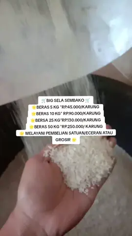 🛒BIG SELA SEMBAKO 🛒 🌟BERAS 5 KG °RP.45.000/KARUNG  🌟BERAS 10 KG° RP.90.000/KARUNG 🌟BERSA 25 KG°RP.130.000/KARUNG  🌟BERAS 50 KG °RP.250.000/ KARUNG 🌟 MELAYANI PEMBELIAN SATUAN/ECERAN ATAU GROSIR 🌟 #beras #berastagi #berasporang #Beras Yg Lima Kilo #vyppppppppp 