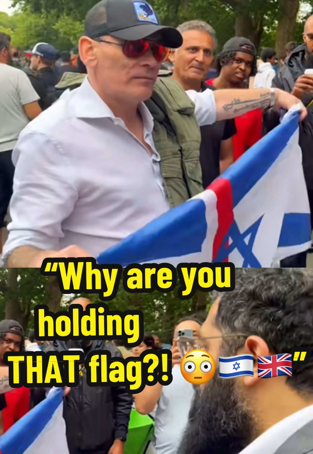 A Muslim challenges a Jewish man over carrying the UK–Israel flag 👀 His response left the crowd stunned 🇮🇱🇬🇧🔥 #speakerscorner #muslimvsjewish #viralclip #ukisraelflag #fyp 