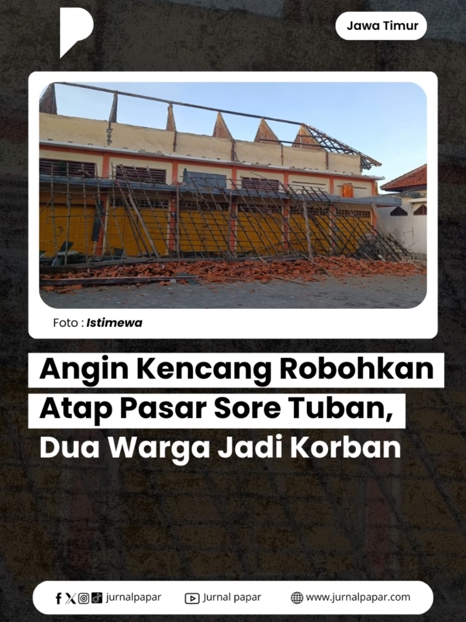 Atap Pasar Sore Tuban di Kelurahan Sendangharjo ambruk usai diterjang angin kencang, Selasa (2/9/2025). Dua warga, Lasmirah (58) asal Rembang dan Indro (40) asal Plumpang, mengalami luka di kepala dan kaki akibat tertimpa reruntuhan. Bangunan yang sudah lama nonaktif itu sebelumnya telah dilarang untuk aktivitas jual beli. Diskopumdag Tuban memastikan akan membantu penanganan korban dan melakukan pengecekan keamanan di Pasar Baru. Instagram: Jurnalpapar Facebook: Jurnalpapar Youtube: Jurnal Papar Twitter: Jurnalpapar TikTok: Jurnalpapar #JurnalPapar #PorosFakta #CeritaAkarRumput #Tuban #PasarSore #BeritaTuban #Bencana #AnginKencang #keselamatanwarga 