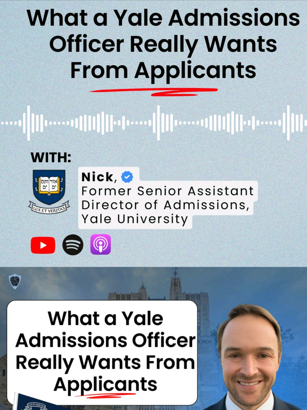 🚨 Watch the full podcast on YouTube, Spotify or Apple Podcasts. What makes Yale unique compared to other Ivy League and elite colleges? We discussed what goes on behind the scenes in the admissions office, Yale college applications, supplemental essays and more great advice. DM us for the episode link!