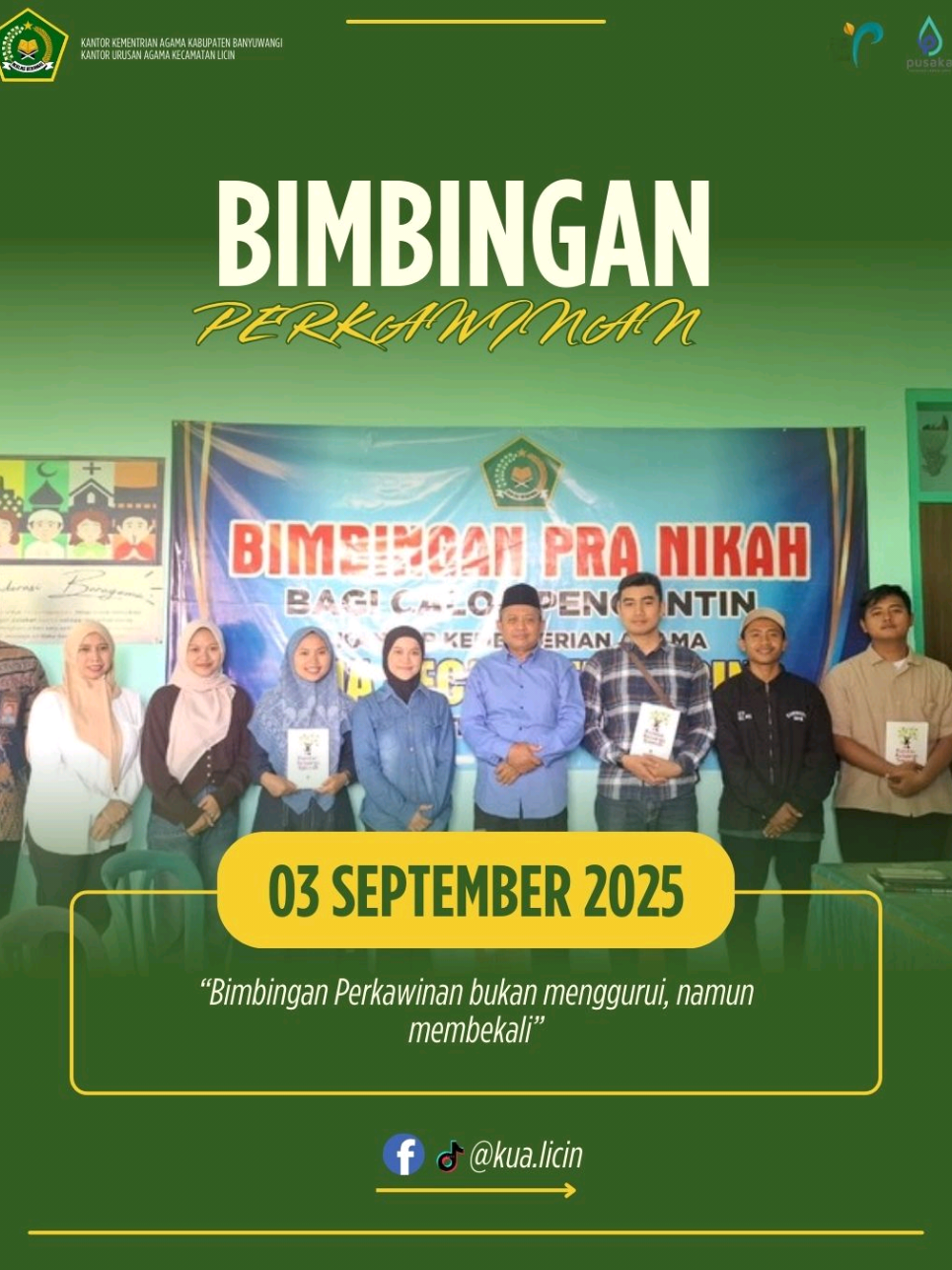 Bimbingan Perkawinan, sebuah program yang diadakan oleh Kementerian Agama (Kemenag) melalui Kantor Urusan Agama (KUA) untuk memberikan pengetahuan dan keterampilan kepada calon pengantin (catin) agar siap membangun rumah tangga yang kokoh, harmonis, dan berkualitas, serta dapat menanggulangi konflik dan tantangan dalam kehidupan berkeluarga.  #kemenag_ri #kemenagjatim  #kemenagbanyuwangi  #bimasislam #kualicin 