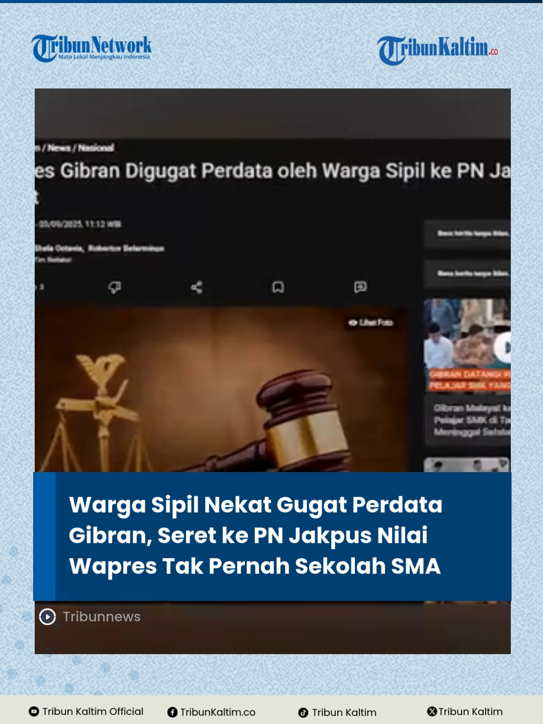 Wapres Gibran Rakabuming Raka digugat perdata oleh seorang warga, Subhan, di PN Jakarta Pusat karena dianggap tidak memenuhi syarat pencalonan, khususnya terkait pendidikan SMA sederajat.  Subhan juga menggugat KPU atas dugaan perbuatan melawan hukum. Gugatan didaftarkan pada 29 Agustus 2025, dengan sidang perdana dijadwalkan 8 September. #gibranrakabuming #infoterkini #wakilpresiden #tribunkaltim
