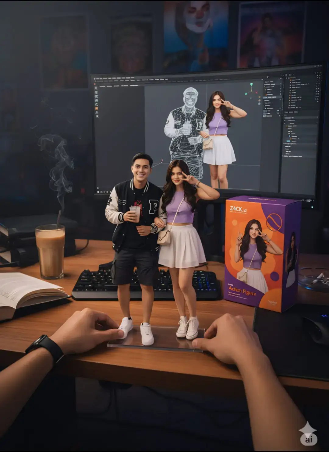 PROMPT : Modify the image to look like a 3D print with bright silicone-like realistic skin, posed like a photo on an acrylic base. Next to it, place a colored box and a character illustration similar to the reference photo, with the text 