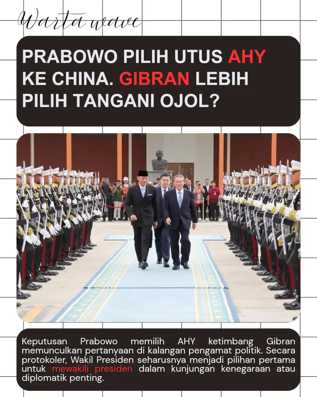Prabowo mengambil keputusan strategis dengan menunjuk Menteri Koordinator Infrastruktur dan Pembangunan Kewilayahan (Menko IPK) Agus Harimurti Yudhoyono (AHY) untuk mewakili Indonesia dalam kunjungan diplomatik ke Beijing, China. Keputusan ini diambil setelah Prabowo membatalkan rencana kunjungan personalnya karena situasi politik dalam negeri yang memerlukan perhatian langsung kepala negara. #prabowo #gibran #AHY #fypシ 