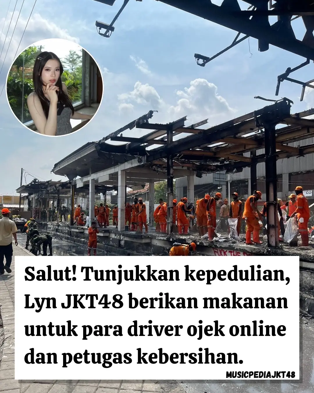 Usai terjadi pengerusakan berbagai fasilitas umum oleh oknum tak bertanggung jawab, pemprov DKI Jakarta beserta warga Jakarta termasuk para driver ojek online serta petugas kebersihan, melakukan pembersihan beberapa halte Transjakarta dan stasiun MRT yang telah rusak. Menunjukkan kepeduliannya, Jesslyn Elly atau akrab disapa Lyn JKT48 memberikan sedikit makanan untuk para driver ojek online dan petugas kebersihan yang sedang membersihjan fasilitas umum pada Selasa, 2 September 2025 kemarin. Semoga keadaan Indonesia khususnya DKI Jakarta segera pulih kembali. #jkt48  #jakarta  #transjakarta 
