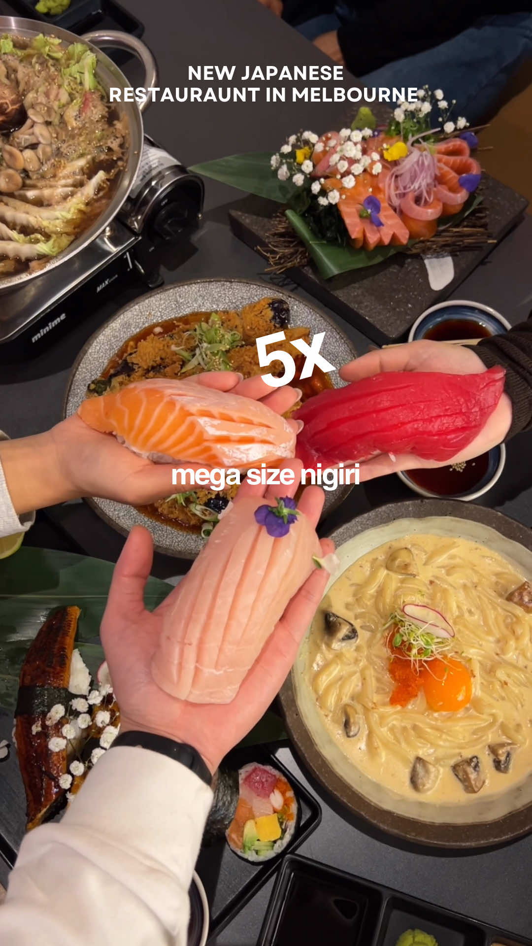 MEGA sized portions at this new vibey Japanese restaurant 🍣 This place makes you feel like you’re in Osaka Japan. They’ve got a variety of dishes to choose from including: - Blossom nabe - Mentaiko pink udon 🍜  - Crispy banana eggplant 🍆  - Melt-in salmon (sashimi) 🐟 - Giant nigiri 🍣  Drinks: - OG highball - Berry bomb - Earl grey matcha 🍵  📍Mannaka Izakaya - 301 Elizabeth St, Melbourne 📸 @smpsncstudio  - 🏷️ #melbournefoodie #melbournefood  #melbourne #japanesefood #teishoku 