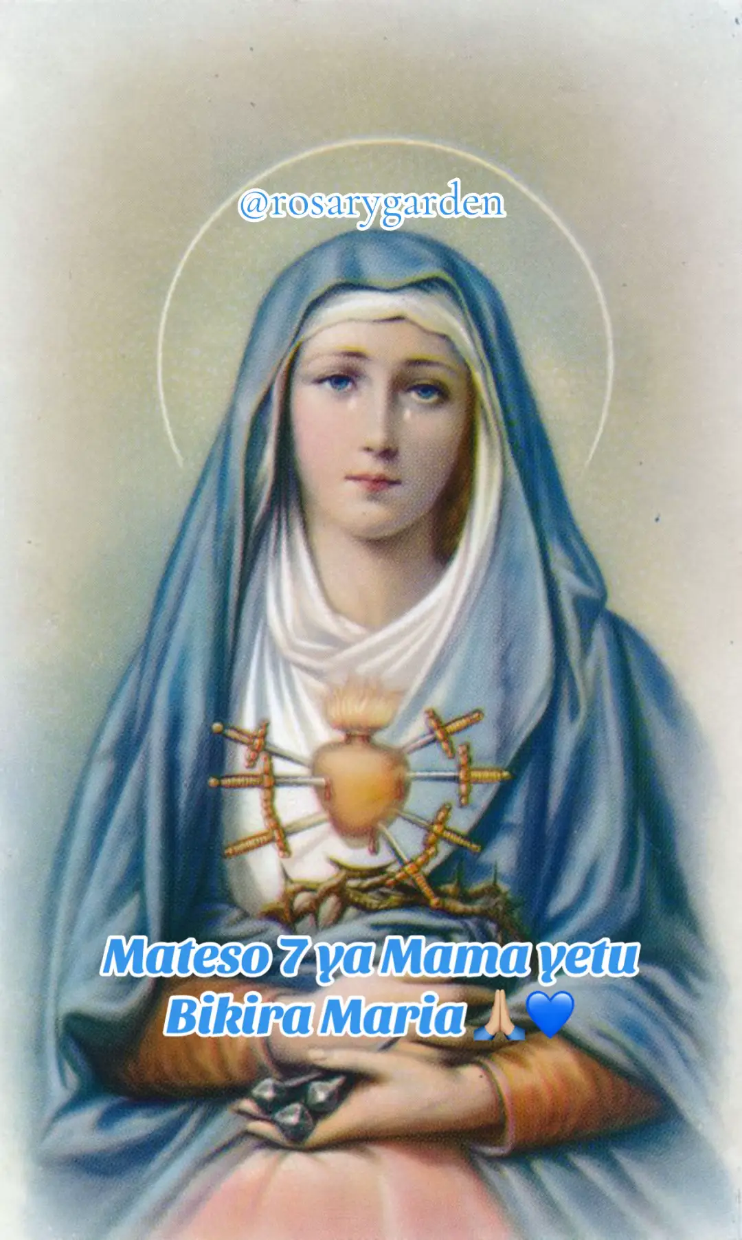 Kila jicho la machozi ya Mama Yetu ni somo la upendo na uvumilivu Mwezi huu Tutafakari jinsi Mama Maria alivyoshiriki mateso ya Mwanae Yesu kwa kusali kila siku Rozari ya Mateso 7 ya msma yetu bikira Maria🙏🏼💙 Tumuombe Mama yetu atufundishe kusimama imara katika majaribu, na kubaki waaminifu kwa Mungu hata katikati ya maumivu. 🙏✨ 🕊️ “Nawe, upanga utakuchoma moyo wako pia.”  (Lk 2:35) #Mateso7 #MamaMaria #RozariYaMateso #ImmaculateHeart