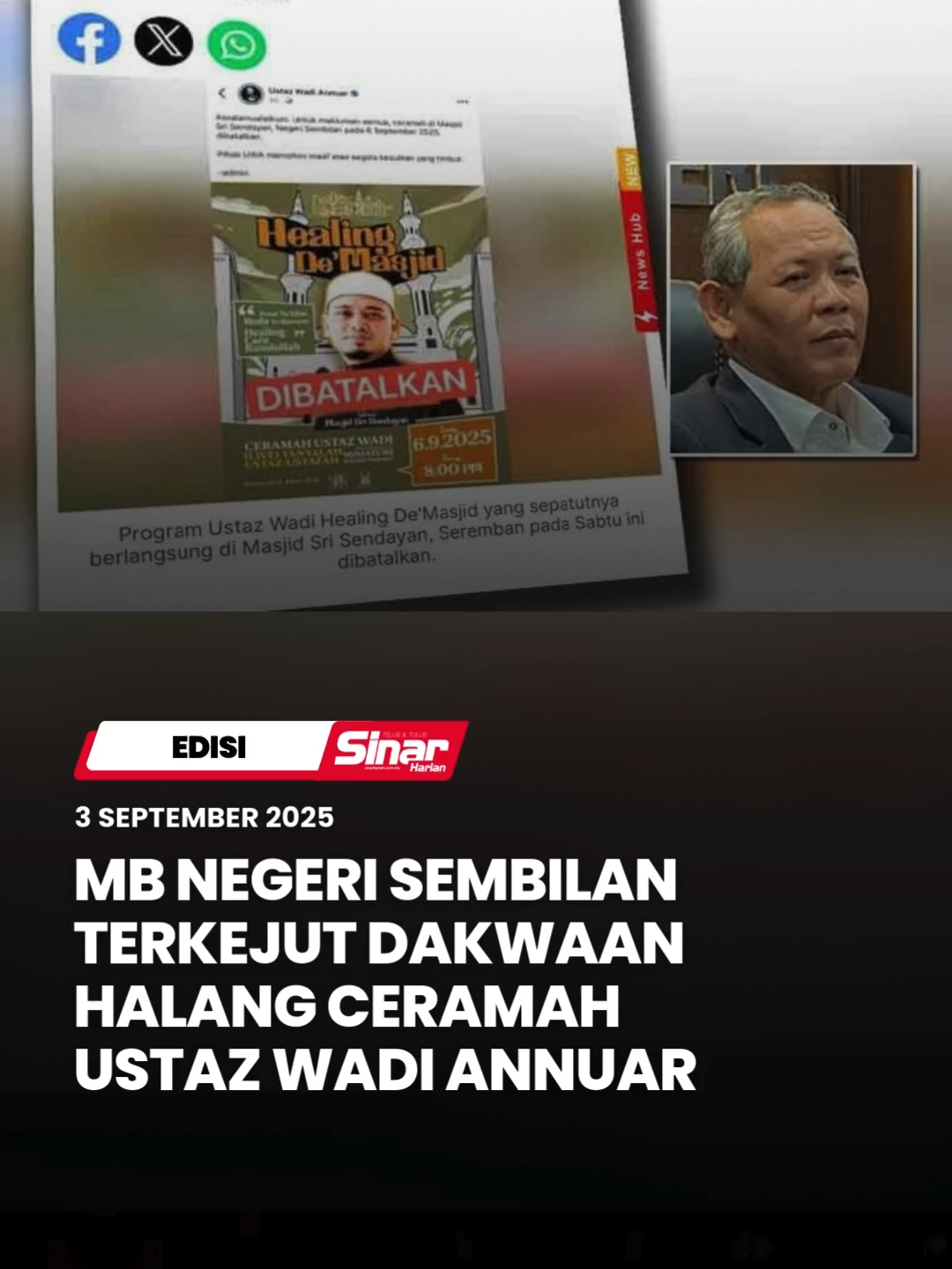 Menteri Besar Negeri Sembilan, Datuk Seri Aminuddin Harun menegaskan bahawa beliau mahupun kerajaan negeri tidak terlibat dalam isu pembatalan ceramah pendakwah terkenal, Ustaz Wadi Annuar yang dijadualkan berlangsung di Masjid Sri Sendayan pada Sabtu ini. Menurut Aminuddin, beliau tidak mempunyai sebarang maklumat mengenai program Healing De’ Masjid tersebut kerana ia bukan di bawah anjuran kerajaan negeri. #SinarHarian #SinarTerkini #CeramahBatal #UstazWadi #MasjidSriSendayan #MAINS #UstazWadiAnnuar