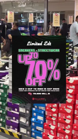 🚨LIMITED EDT UP TO 70% OFF CLEARANCE SALE! 👟😮‍💨🔥 Calling all sneakerheads and streetwear fans — this is YOUR moment. From Nike, adidas, PUMA, Brooks, New Balance, and more. Score kicks, apparel, and essentials at up to 70% OFF, plus an extra 10% OFF when you grab 3 or more! 💸 📍 Talking Hall, B1, Takashimaya Shopping Centre 🗓️ 3–15 Sep 2025 ⏱️ 10:00AM – 9:30PM Stock is limited, the heat is real — don’t sleep on the hottest drop of the season! #sg #sgfyp #sgtiktok #sneakers 