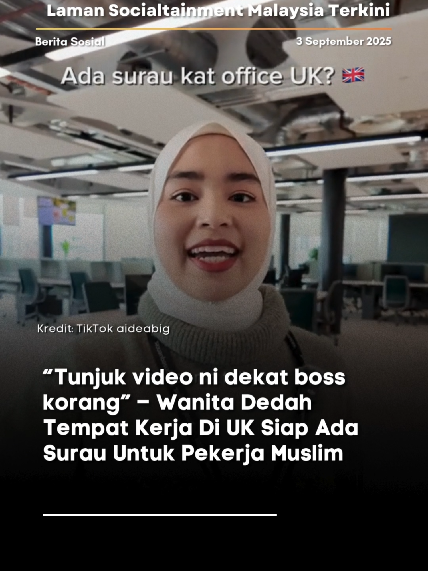Sebagai seorang Muslim, solat itu adalah satu perkara wajib yang kita harus lakukan setiap hari. Namun, realitinya tidak semua diberikan kemudahan untuk menunaikannya, terutama sekali bagi mereka yang bekerja di pejabat. Tidak semua pejabat yang menyediakan ruang solat, sedangkan surau di tempat kerja itu amatlah penting. Ia bukan sahaja memudahkan pekerja Muslim, malah ia dapat menunjukkan keprihatinan majikan terhadap kewajiban agama. Di dalam sebuah video yang tular baru-baru ini, pengguna TikTok yang dikenali sebagai @aideabig menunjukkan ruang solat yang disediakan oleh majikannya meskipun dia bekerja di United Kingdom (UK). Kredit: TikTok @aideabig P/s: Video di atas bukan hak milik Lobak Merah dan kami telah meletakkan kredit kepada pemilik video. Sekiranya anda ingin menurunkan sebarang video, Sila DM kami dalam kadar segera. Terima Kasih! Untuk berita penuh boleh baca di kotak hijau di atas [ SIla layari www.lobakmerah.com untuk baca berita penuh sekiranya kotak hijau hilang ] Jangan lupa untuk Like, Comment. Share dan Follow Lobak Merah! 🧡 Terima Kasih! #fyp #news #trends #berita lobakmerah