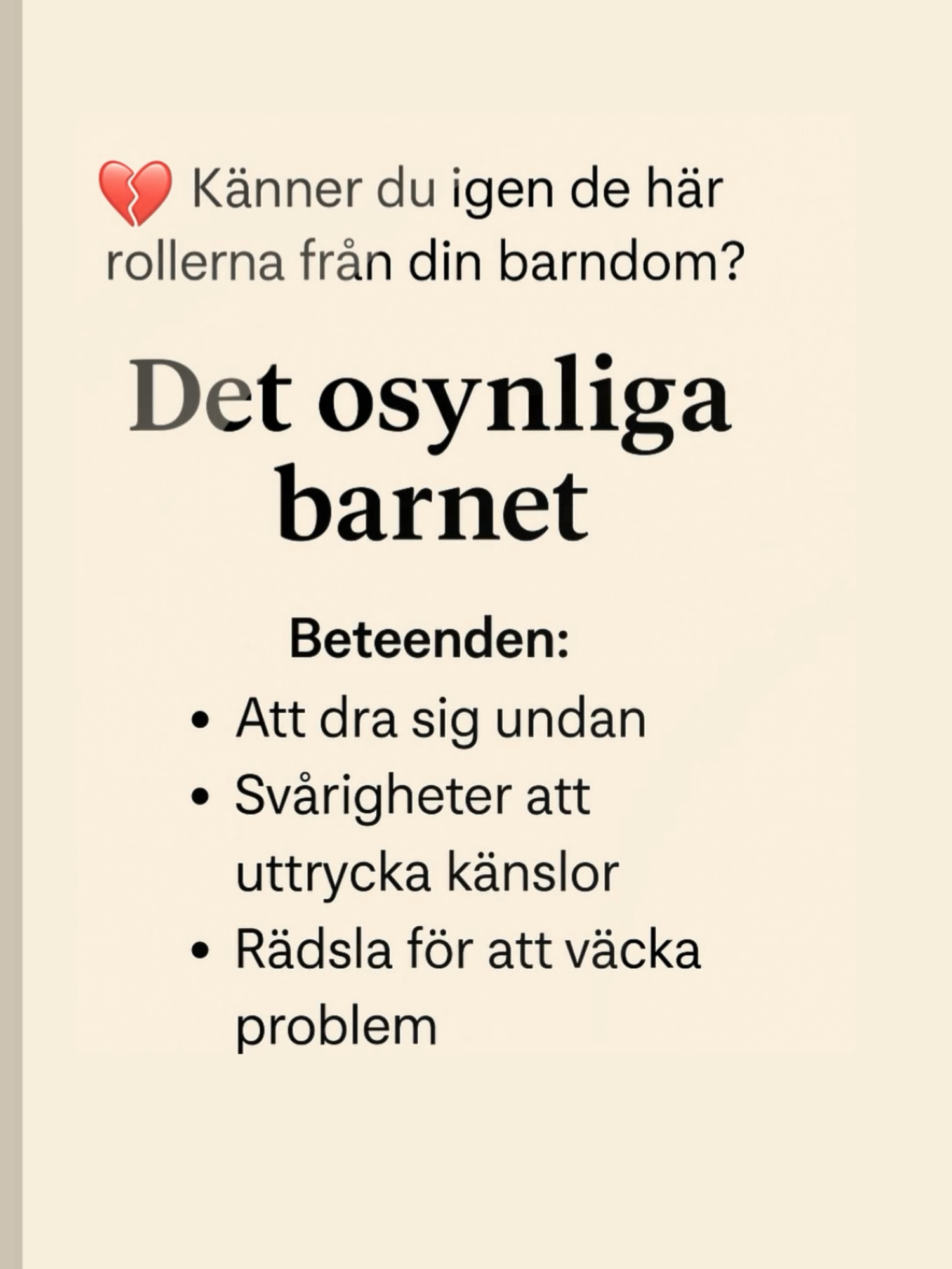 🫥 Del 3 – Osynliga barnet Var du familjens Osynliga barn?  Det barnet som inte fick ta plats, som lärde sig att hålla känslor och behov inom sig. Du blev “självständig” för tidigt – men på bekostnad av din egen röst. 👉 Två tips för att bryta dig fri:  1️⃣ Öva på att uttrycka ett behov varje dag – “Jag vill…” “Jag behöver…”.  2️⃣ Ta plats i små steg – våga säga din åsikt, även om den skiljer sig från andras. 💬 Känner du igen dig? Skriv “OSYNLIG” i kommentarerna. 🔁 Dela inlägget för att fler ska förstå hur det är att växa upp osedd. #narcissism #personligutveckling #leoeid #foryou #psykiskhälsa