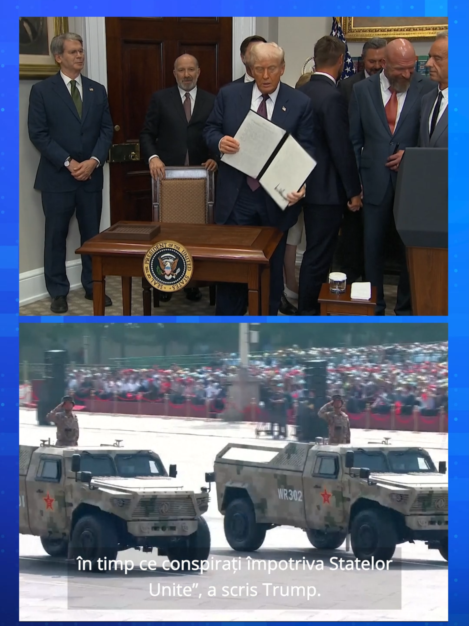Donald Trump îi acuză pe Xi Jinping, Vladimir Putin și Kim Jong Un, de conspirație împotriva Statelor Unite. „Vă rog să transmiteți salutările mele călduroase lui Vladimir Putin și Kim Jong Un, în timp ce conspirați împotriva Statelor Unite ale Americii”, a fost mesajul transmis de președintele american către liderul comunist Xi. Desfășurarea de forțe de la Beijing are loc după ce, luna trecută, Trump a discutat cu Putin despre războiul din Ucraina, la summitul din Alaska. În același timp, Trump s-a lăudat  în repetate rânduri că are o relație foarte bună cu Xi Jinping.