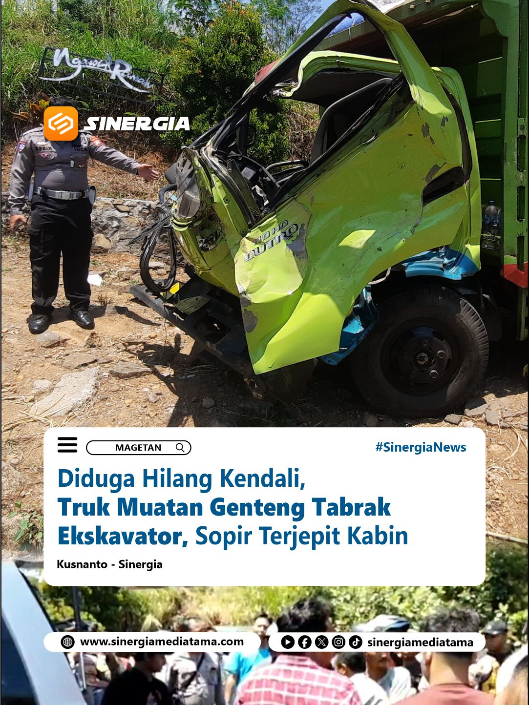 Sinergia | Ngawi – Kecelakaan lalu lintas terjadi di Kecamatan Kendal, Kabupaten Ngawi, Jawa Timur, Rabu (03/09/2025). Truk bak terbuka bernomor polisi L 8782 UQ yang membawa genteng menabrak sebuah alat berat ekskavator di jalan.Truk tersebut dikemudikan oleh Valentinus Binsasi (47), warga asal Timor Tengah Utara, Nusa Tenggara Timur. Ia tengah dalam perjalanan dari Surabaya menuju Kendal, Ngawi, untuk mengirimkan genteng. Kernet truk, Alex Mustafa (37), warga Wonoasri, Kabupaten Madiun, menuturkan bahwa kecelakaan bermula ketika sebuah sepeda motor di depan truk mendadak mengerem. Sopir yang panik langsung membanting setir ke kanan. Naas, truk kehilangan kendali dan menghantam ekskavator. Tonton berita selengkapnya di Channel Youtube Sinergia Mediatama #Lakalantas #TrukVsEkskavator #SatLantasKabNgawi #PolresNgawi #UnitGakkumSatlantasPolresNgawi #BeritaTerkini #Ngawi #BeritaNgawi #InfoNgawi #NgawiRamah #NgawiHits #BeritaMagetan #IniMagetan #MagetanHits #BeritaMagetan #BeritaPonorogo #BeritaKabMadiun #SinergiaNews #SinergiaMediatama